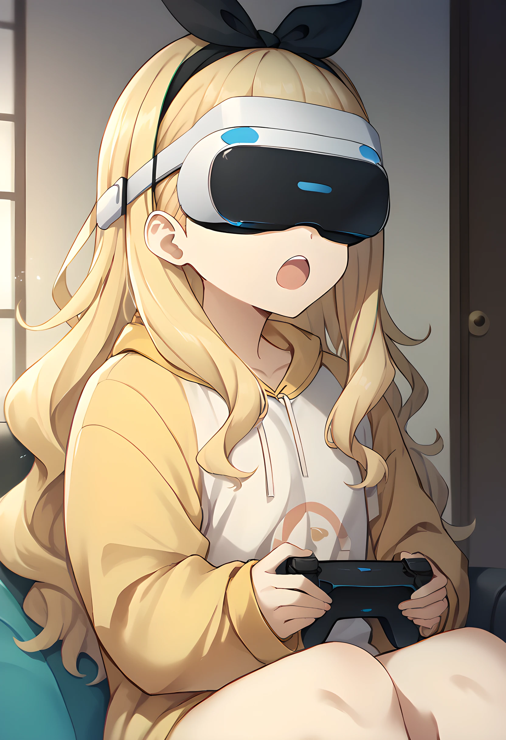 score_9, score_8_up, score_7_up, 1girl, 1girl, kurumi \(lycoris recoil\), blonde hair, hair ribbon, long hair, black ribbon, blue eyes, vr headset, head-mount display, indoors, long hair, open mouth, angry, playing games, holding console, tivi screen, sitting, indoor <lora:Concept_VR-headset:1> <lora:easynegative:1>  <lora:Kurumi:1>