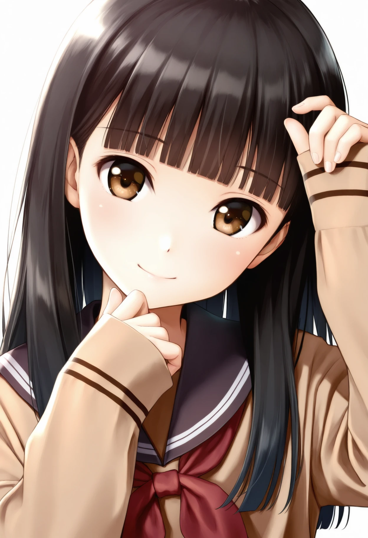 1girl, solo, long hair, brown eyes, smile, white background, simple background, black hair, school uniform, looking at viewer, bangs, upper body, long sleeves, closed mouth, sailor collar, serafuku, hands up, blunt bangs, sleeves past wrists, neckerchief, brown shirt, head tilt