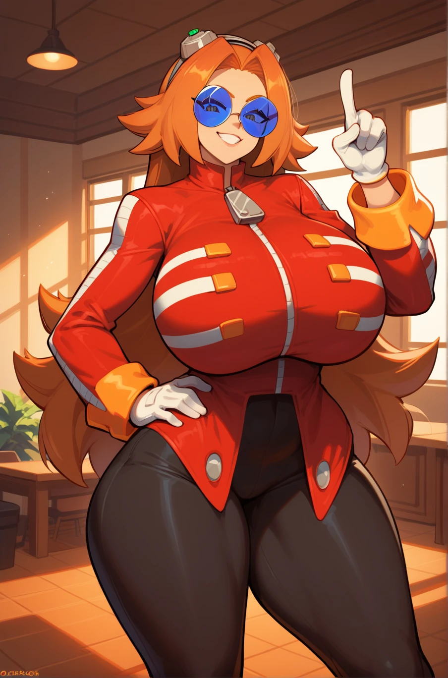 score_9, score_8_up, score_7_up, source_anime, masterpiece, best quality, absurdres, <lora:Female_Eggman:1>, 1girl, fem_eggman, standing, looking at viewer, light smile, standing, orange hair, blue-tinted eyewear, round glasses, long hair, huge breasts, wide hips, pointing, hand on hip, indoors,