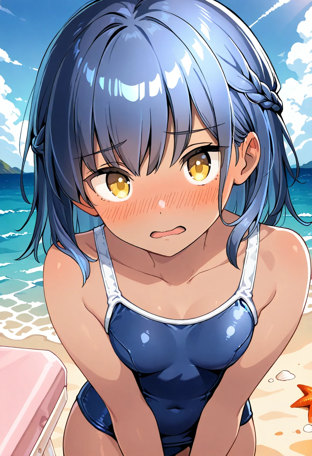 lillu, dark-skinned female, dark skin, yellow eyes, blue hair, medium hair, braid, bangs, school swimsuit, <lora:Lillu_illustrious_ver1:0.8>
embarrassed, nose blush, 
1girl, solo, (beach:1.2), (blue sky:1.2), looking at viewer, (cowboy shot:1.2),, masterpiece, best quality, general,, (upper body:1.2), (close-up:1.2), (facing viewer:1.2), (open eyes:1.4), (portrait:1.2)