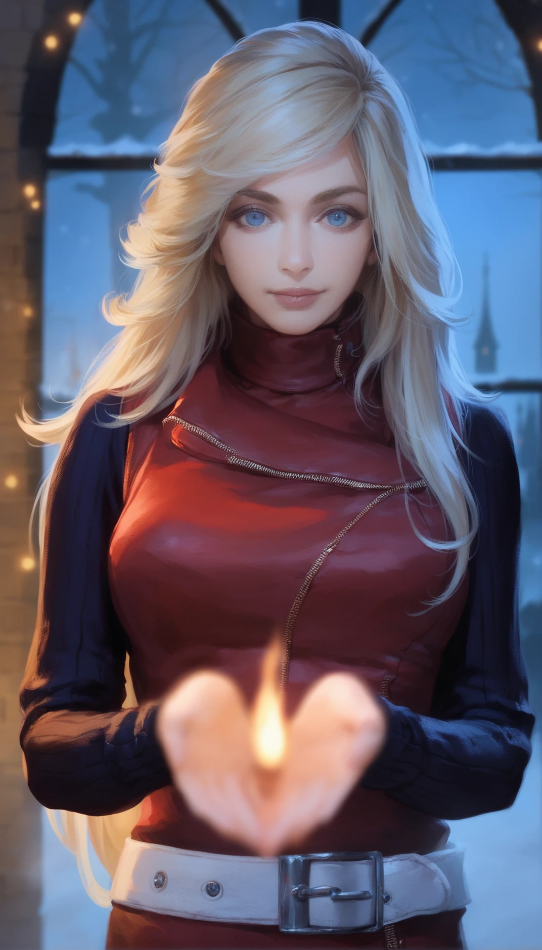 score_9,score_8_up,score_7_up,
<lora:yoko:1>,
cvyoko,
realistic,1girl,solo,blonde hair,long hair,bangs,
blue eyes,looking at viewer,
black long sleeves sweater,high collar,sleeveless red tunic,white belt,
upper body,cupping hands,(flame on hand:1.2),
blurry background,depth of field,outdoors,window,winter,night,lights particle,castle,dry tree,fog,steam,