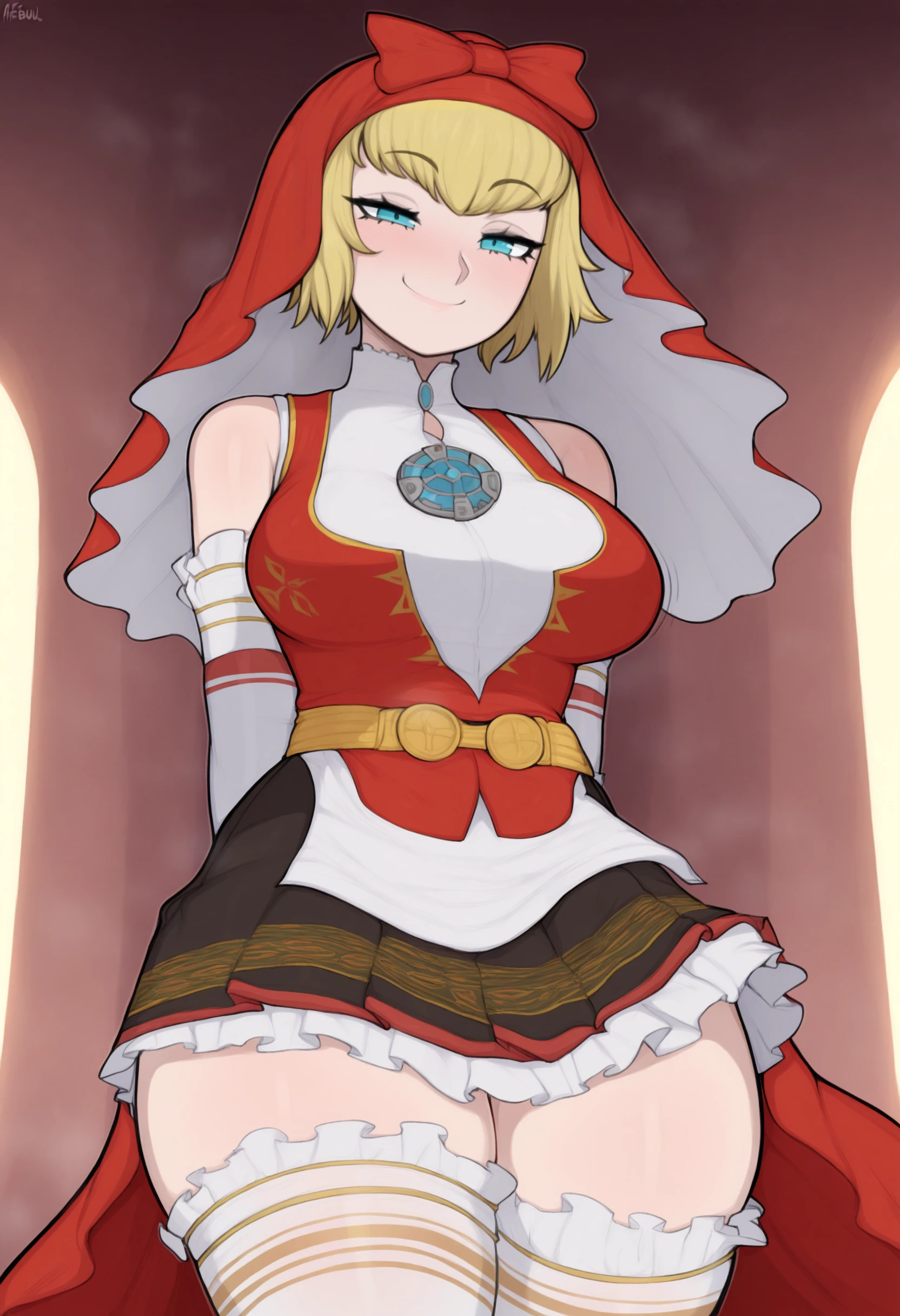 masterpiece, best quality, solo, 1girl, smile, looking at viewer, <lora:IdunV2-illus_Fp:1>, s5un, blonde hair, blue eyes, short hair, red veil, bow, red dress, collared dress, bare shoulders, black skirt, elbow gloves, brooch, white thighhighs, white gloves, frills, <lora:afrobull-guy90-Illust-Lycorisv1:1>, afbul, large breasts, arms behind back, half-closed eyes,