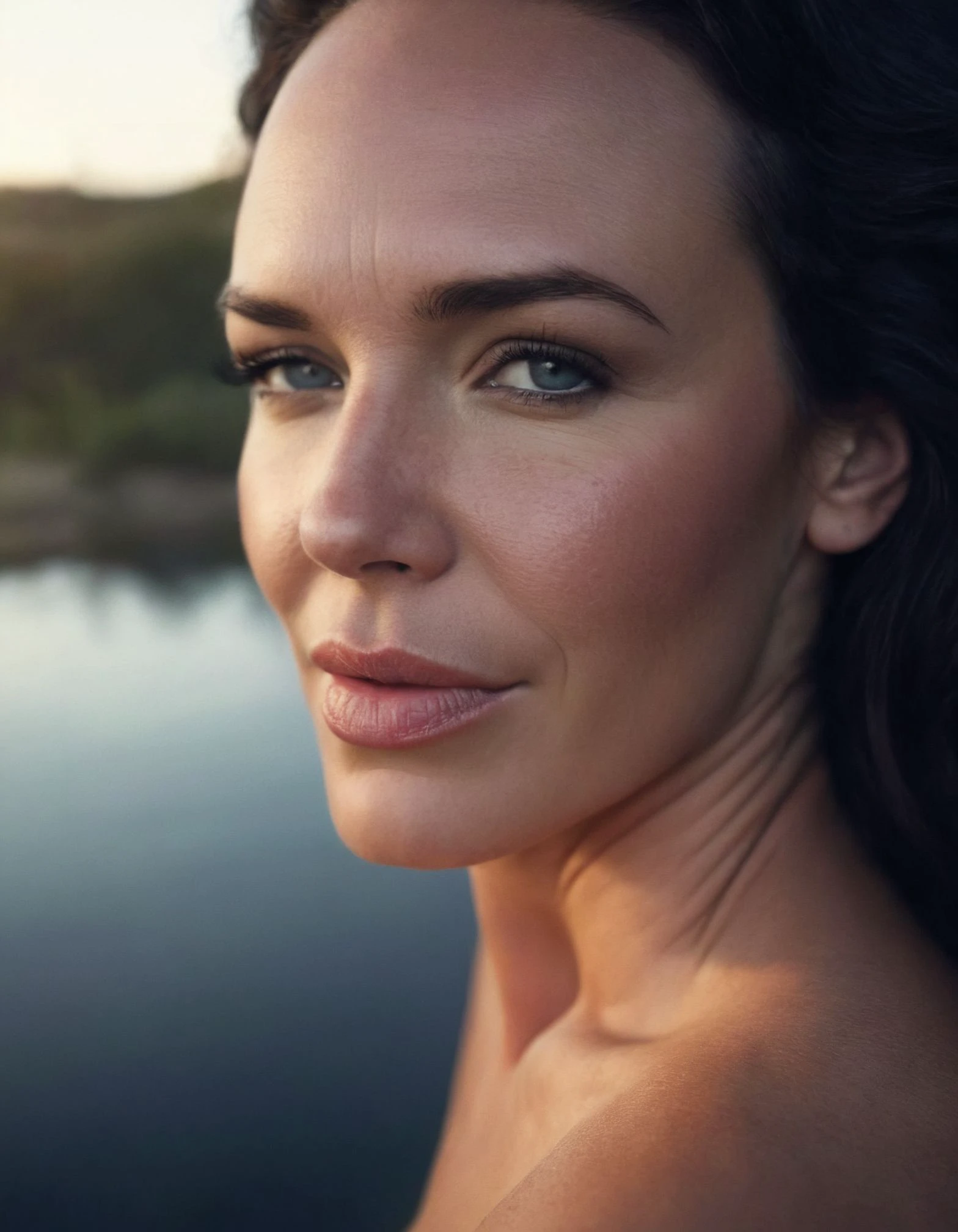 <lora:RAVEN:1> woman with dark hair, nude , ((blurry foreground, blurry background, dark background)), <lora:epiCPhoto:0.5> epiCPhotoXL <lora:all_eyes_hands_skin_fin:0.25> perfect eyes, detailed skin, skin blemish, <lora:photorealistic_portrait_notrigger:0.25>, Close-up, alluring portrait, intricate, highly detailed, digital painting, artstation, concept art, naughty, sharp focus, cinematic lighting, illustration, art by artgerm and greg rutkowski, alphonse mucha, cgsociety, - A close-up of the diverse flora at Fogg Dam at sunrise, with dew glistening on vibrant wildflowers, The soft morning light creates a magical atmosphere, highlighting the intricate details of the plants and the richness of the wetland ecosystem