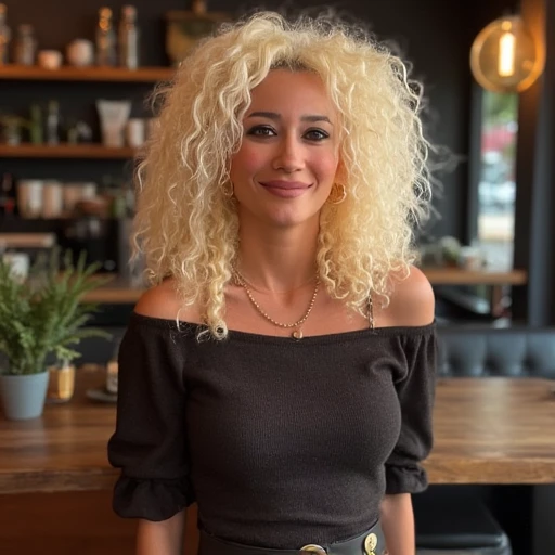 beautiful detailed photograph, curly platinum blonde volunmious hair, makeup, wearing a boatneck dress, standing in a cafe, smiling