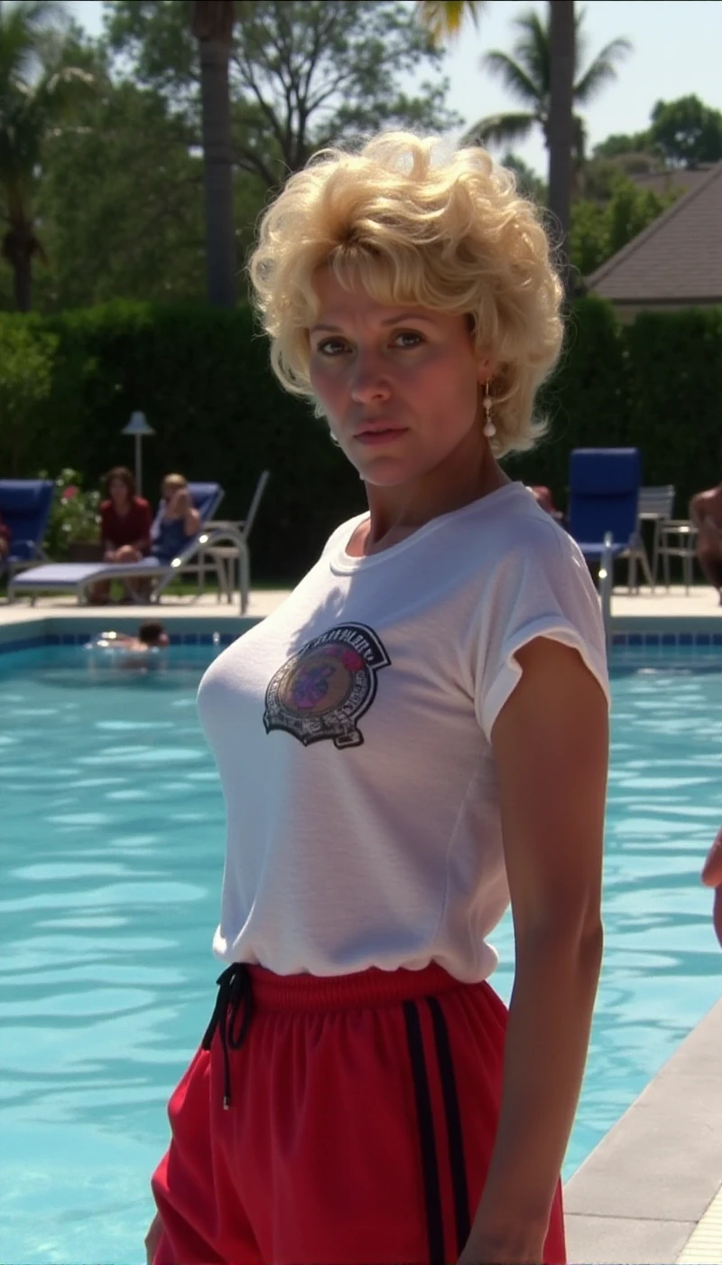 <lora:Leslie_EasterbrookV2:0.9> leslie easterbrook, woman with blond hair, boy cut , dressed with a thight cop tshirt and red sweatpants next to a pool