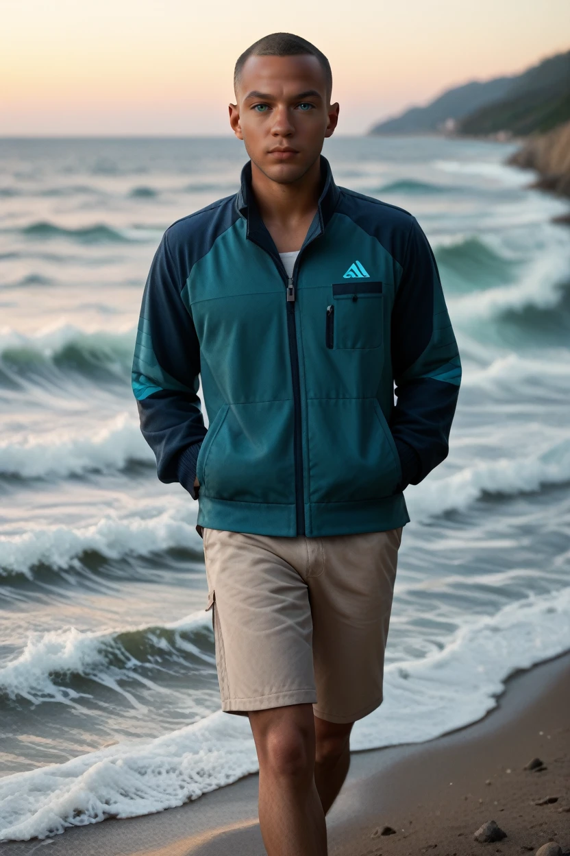 score_9, score_8_up, score_7_up,
<lora:DBHMarkus:0.8>
DBHMarkus, 1boy, buzz cut, heterochromia, blue eyes, green eyes, tanned, looking at viewer, solo, walking along the shoreline at dusk, hands in pockets, waves lapping at his feet, pastel sky, calm and reflective mood