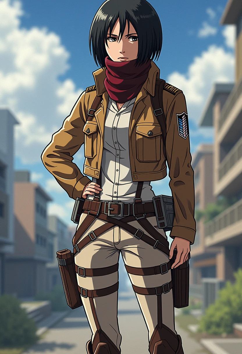 A detailed solo portrait of aot_mikasa
Anime style, sharp, high contrast and highly detailed,,
  <lora:attack_on_titan_mikasa_young_flux_v1_2-000008:1>, 
She is standing in a confident pose, with her left hand placed on her hip and her right arm hanging naturally by her side. Her posture reflects strength and composure, and her expression conveys seriousness and determination.
Her outfit is the iconic uniform of the Survey Corps from Attack on Titan. She is wearing a cropped brown jacket with the Survey Corps emblem on the left chest and both shoulders. Beneath the jacket is a fitted white button-up shirt, paired with a maroon scarf wrapped around her neck. Her lower body features beige fitted pants with a complex harness system that includes brown leather straps and buckles, used for securing the Vertical Maneuvering Equipment. She also wears dark brown knee-high boots, completing the military-style uniform. The overall outfit is practical and designed for mobility, reflecting her role as a soldier.