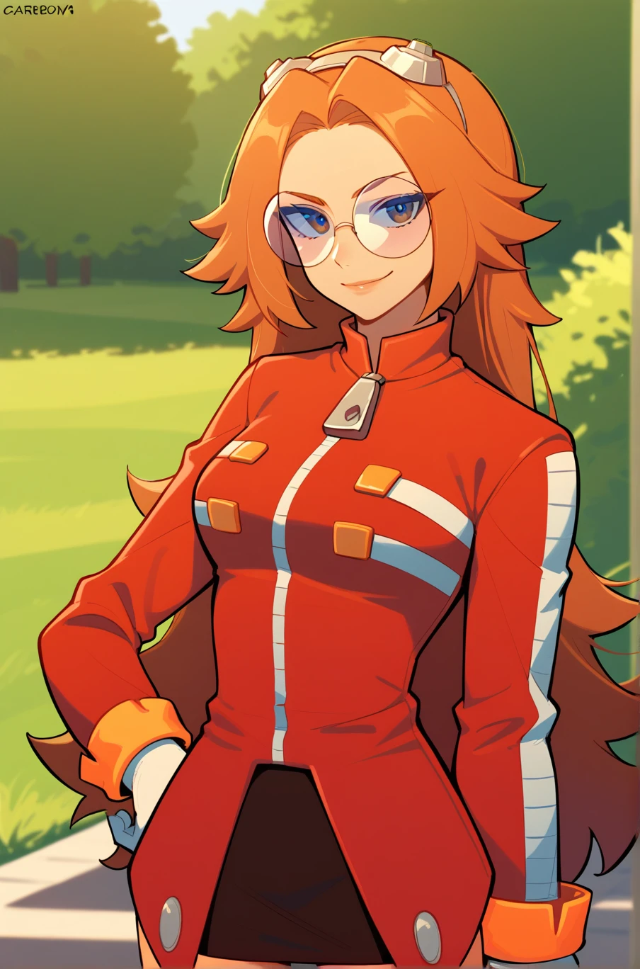 score_9, score_8_up, score_7_up, source_anime, masterpiece, best quality, absurdres, <lora:Female_Eggman:1>, 1girl, fem_eggman, standing, looking at viewer, light smile, standing, orange hair, round glasses, outdoors, skirt, long hair, hand on hip, upper body, red jacket, white gloves, genderswap,