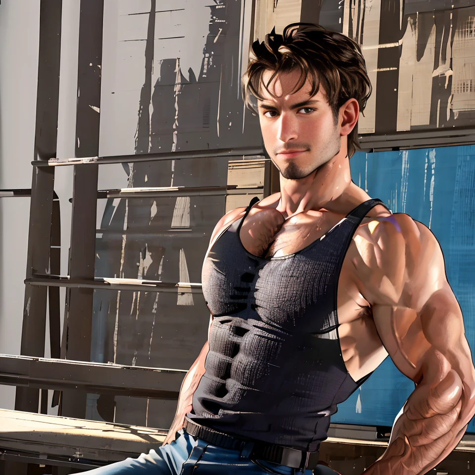 absurdres, highres, <lora:GavinWolfe:0.85>, gavinwolfe, muscular male, tank top, portrait, looking at viewer, simple background, smirk, (stubble:1.2), <lora:backlight_slider_v10:1>, arm behind head, chest hair