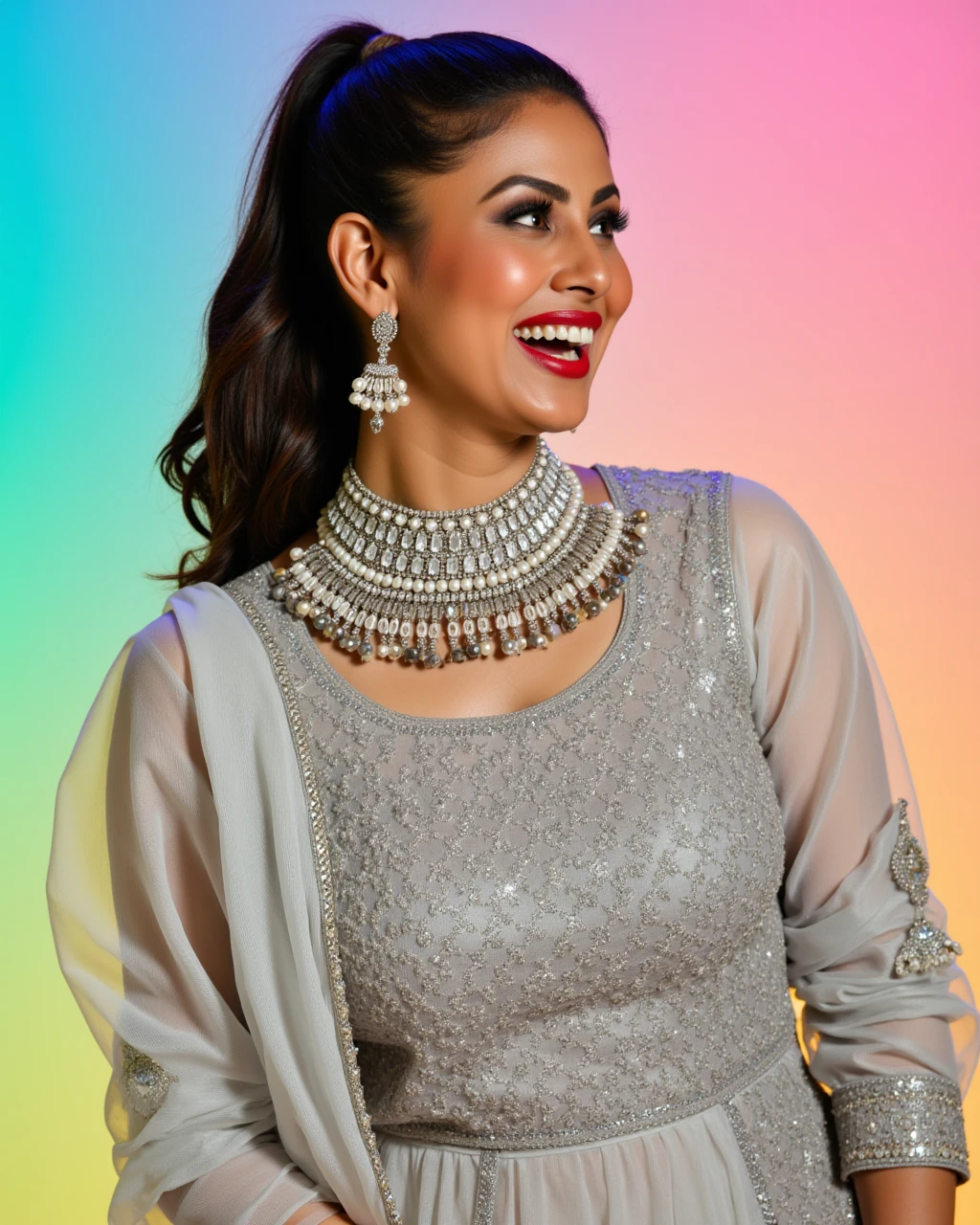 cowboy shot photo of Mouni Roy woman,candid photo with natural colors, shouting expression on face,studio quality, wearing intricate conservative turtleneck Silver Churidar Suit, high ponytail, pastel shaded multicolored background, cinematic soft lighting<lora:TestBed\Mouni_Roy_2024_Flux_Kohya_LoRA_v1-000017.safetensors:1.0:1.0>