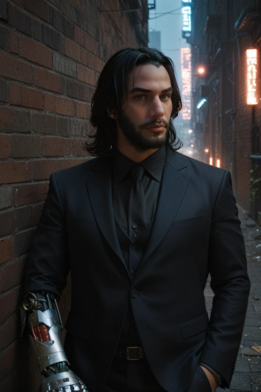 score_9, score_8_up, score_7_up,
<lora:CPJohnny:0.8>
CPJohnny, 1boy, black hair, brown eyes, beard, single mechanical arm, looking at viewer, In a dimly lit urban alley, tailored black suit, ambient neon lights casting shadows, leaning confidently against a brick wall