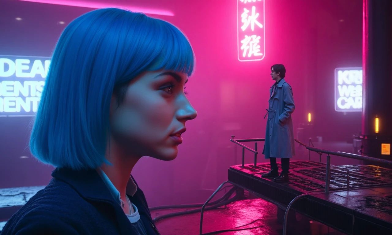 a cinematic shot from the movie "blade runner 2049" The image features a futuristic, neon-lit environment with a moody, cyberpunk aesthetic. On the left side of the image, a giant hologram of ana de armas with striking, bright blue hair and fair skin is depicted in a close-up profile. She has a sleek, futuristic hairstyle with blunt bangs that frame her face. Her expression is contemplative. On the right side of the image, a man with fair skin and a brown hair stands on a platform, looking towards the woman. He wears a long trench coat that adds to the gritty, dystopian feel of the scene. The background is filled with ambient lighting and neon signs, creating a sense of urban decay and technological advancement. The platform he stands on is elevated, with industrial metal railings and a dark, metallic floor. The scene is bathed in a vivid pink and purple color scheme, enhancing the futuristic and surreal atmosphere. The image captures a moment of interaction or contemplation, with the woman's gesture suggesting a question or invitation. <lora:Ana_de_Armas_Flux-000005:1.1>