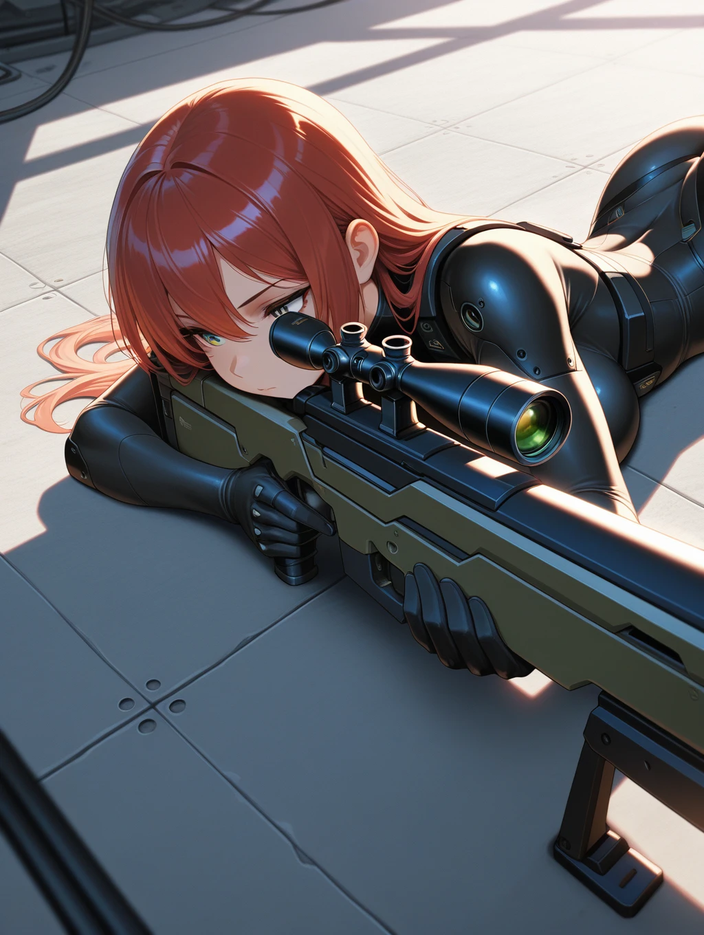 1girl, holding gun, sniper rifle, science fiction, aiming, on stomach, from above, from side ,
,masterpiece,best quality,amazing quality,