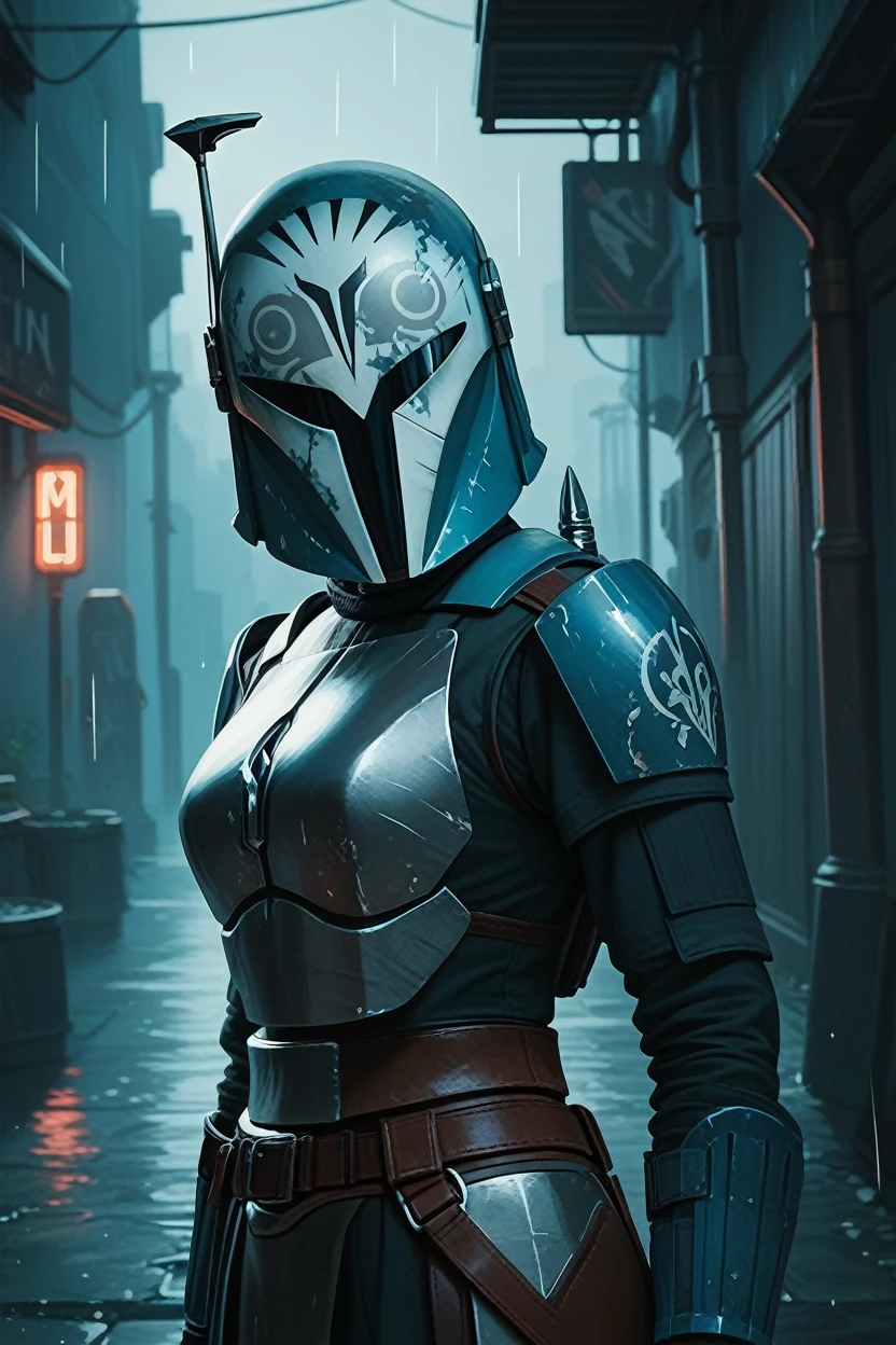 score_9, score_8_up, score_7_up,
<lora:bokatanh:0.8>
bokatanh, helmet, covered face, 1girl, armor, looking at viewer, on side, Dark alley with neon signs, rain-soaked pavement, dynamic lighting, edgy urban atmosphere