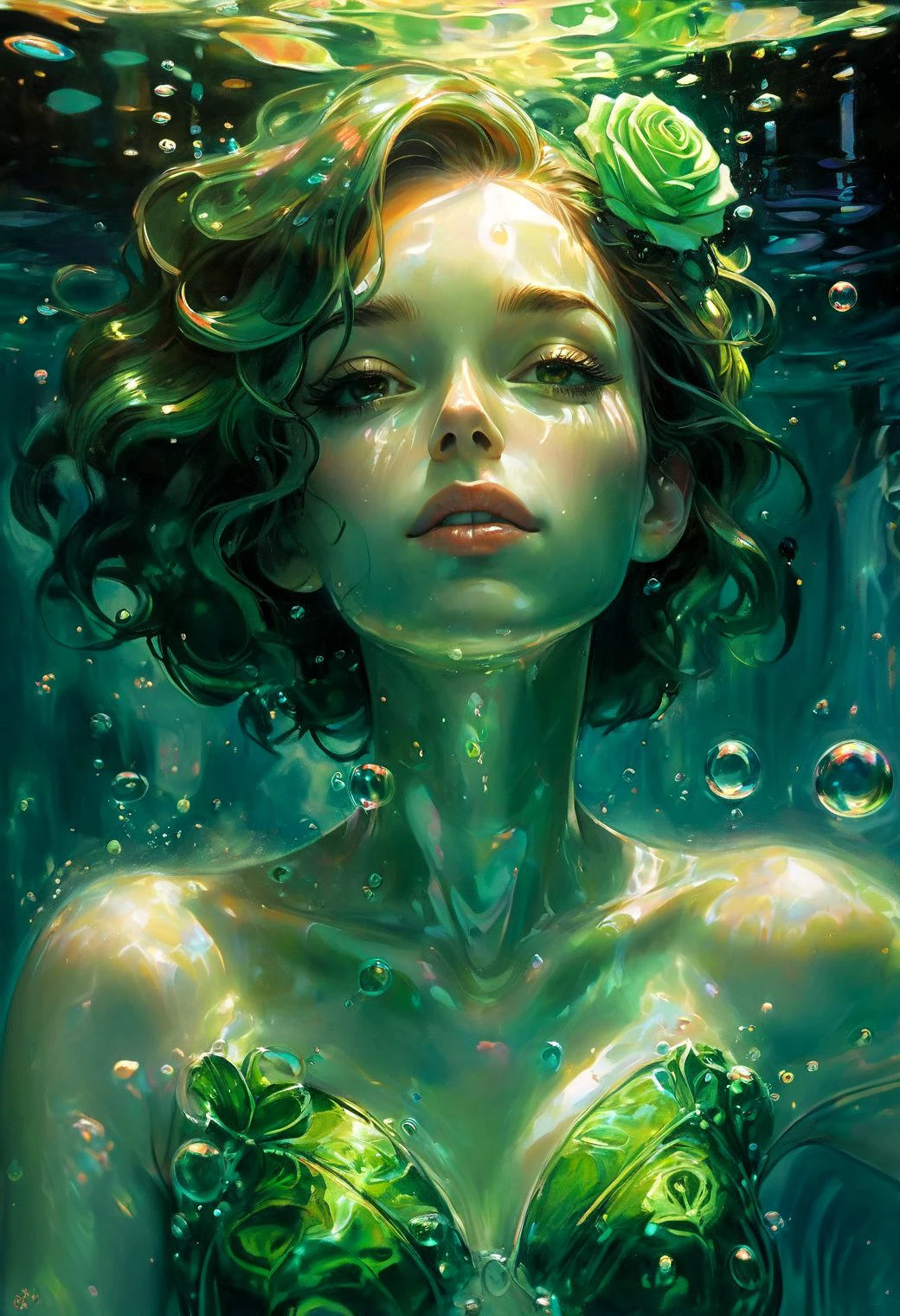 A portrait of a single green rose woman emerging and floating in a dark pool of iridescent water with a deep, underwater bubbles, lifelike glow, created with a monochromatic underpainting for structure and thin, glazed layers for color. Each layer of glaze adds depth, bringing the figure to life with a soft, radiant light <lora:_CHY_AquarelleComics_V1:2.5>