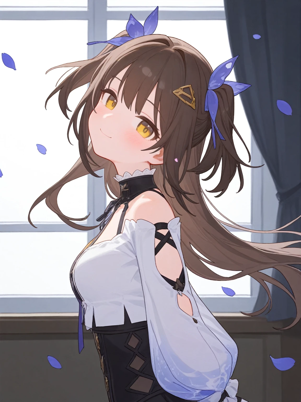 siris, siris-Ksana(Flutter of Ecstasy), brown_hair, twintails, hair clip, <lora:siris-Ksana(Flutter of Ecstasy)-tillunai3:0.8>,,blush,yellow eyes, confident,
arms behind back , indoors, blurry background, smile, blush, head tilt, floating hair, curtains, window, wind, darkness, backlighting, dark illuminate \(idolmaster\),upper body, looking at viewer, from side, petals, falling petals,
best quality,amazing quality,very aesthetic,absurdres,masterpiece,best quality,amazing quality,very aesthetic,absurdres,masterpiece,[artist:ciloranko],[artist:ningen mame],{{artist:sushineko8}},(artist:tianliangduohefangdongye:1),, best quality,amazing quality,very aesthetic,absurdres,masterpiece,[artist:ciloranko],[artist:ningen mame],{{artist:sushineko8}},(artist:tianliangduohefangdongye:1)