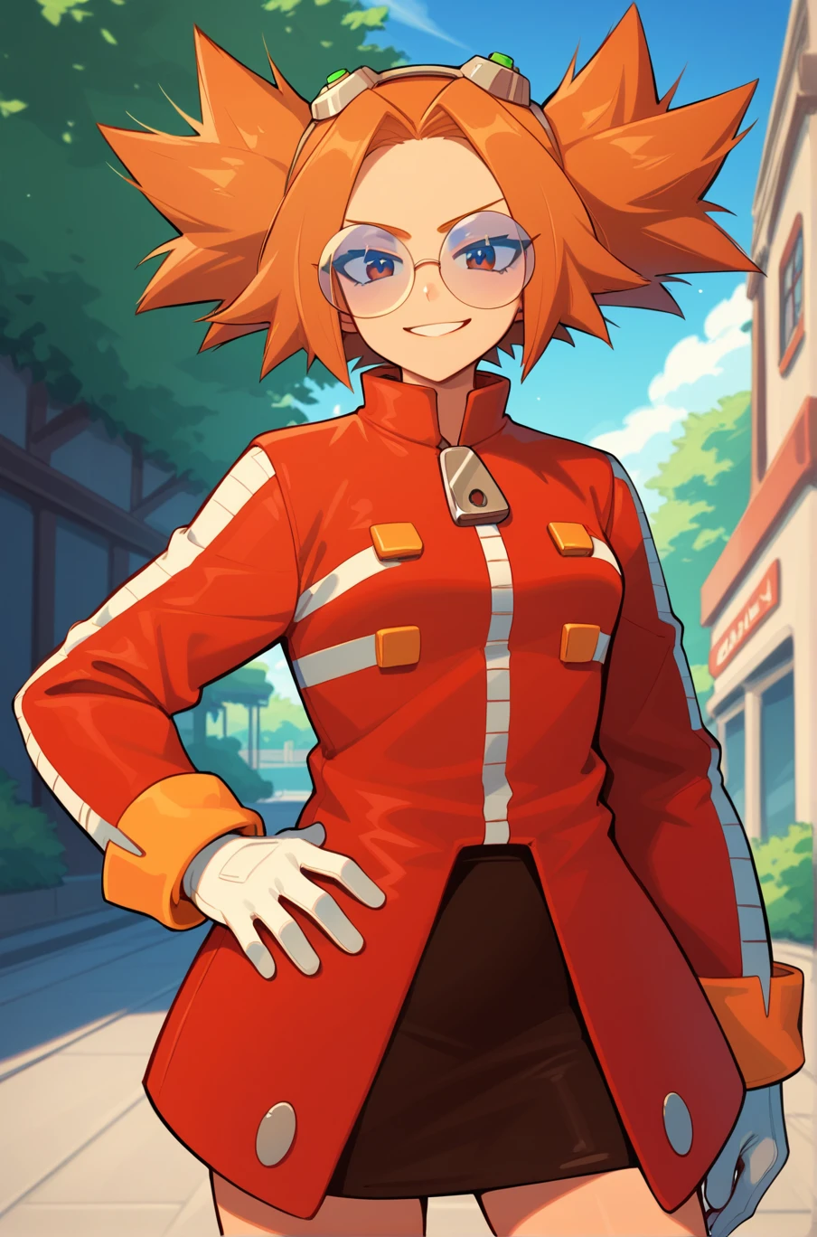 score_9, score_8_up, score_7_up, source_anime, masterpiece, best quality, absurdres, <lora:Female_Eggman:1>, 1girl, fem_eggman, standing, looking at viewer, light smile, standing, orange hair, round glasses, outdoors, skirt, short twintails, high twintails, spiked hair, hand on hip, upper body, red jacket, white gloves, genderswap,