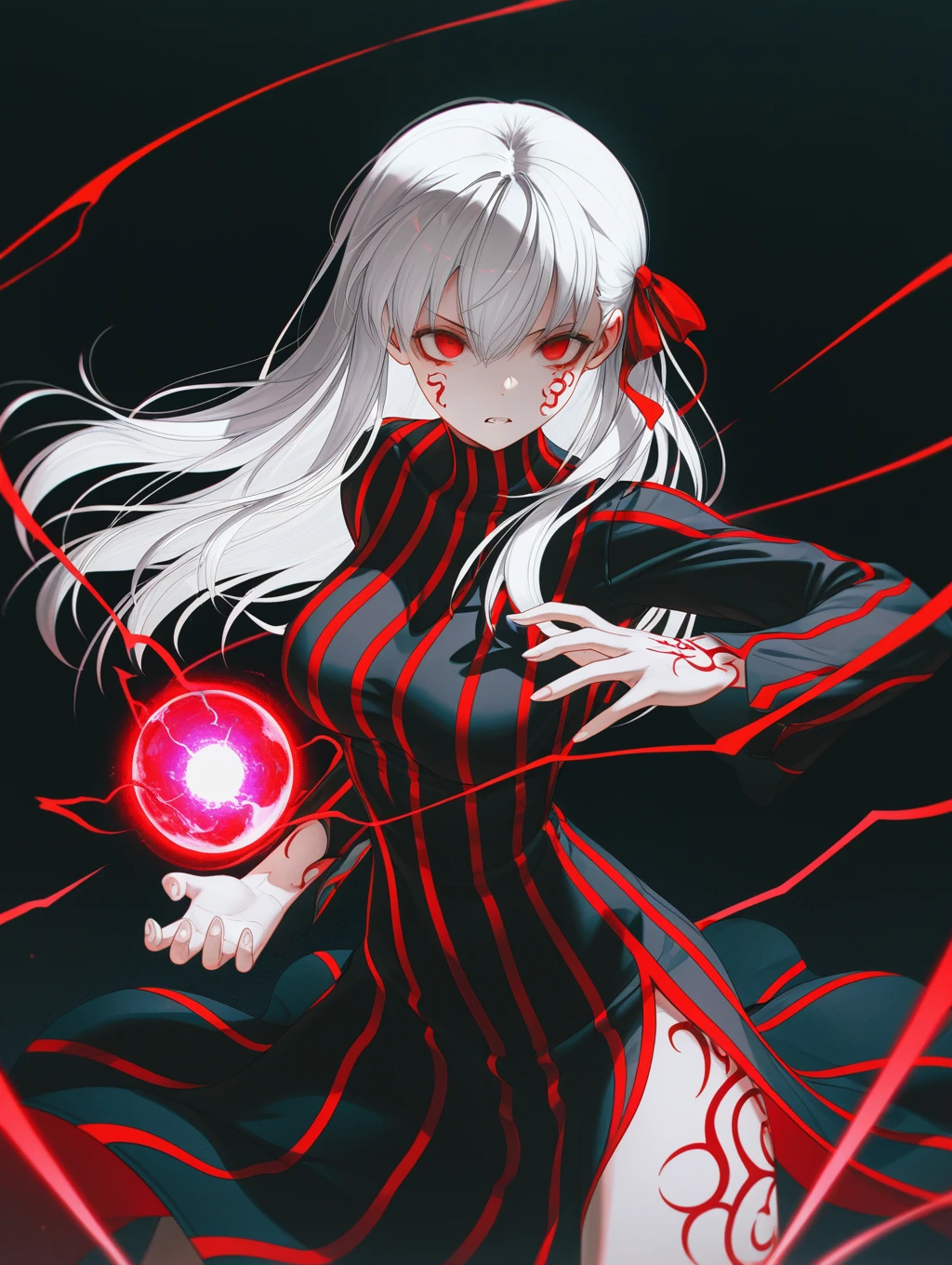 1girl, solo, black background, dark, wanke, z3zz4 Sakura Matou, white hair, red eyes, long hair, hair ribbon, body markings dark persona, corruption, red striped dress, long black dress, turtleneck teeth clenching, focus, serious, dynamic pose, fighting stance, holding dark energy, energy ball, red lightning, 
,masterpiece,best quality,amazing quality,