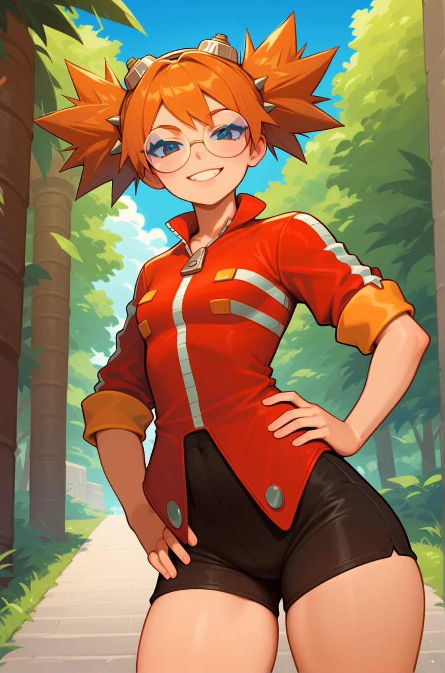 score_9, score_8_up, score_7_up, source_anime, masterpiece, best quality, absurdres, <lora:Female_Eggman:1>, 1girl, fem_eggman, standing, looking at viewer, light smile, standing, orange hair, round glasses, short twintails, spiked hair, small breasts, wide hips, hand on hip, outdoors, teenager, high twintails, shorts,