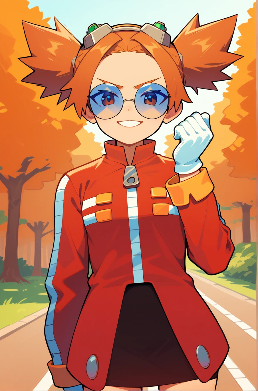 score_9, score_8_up, score_7_up, source_anime, masterpiece, best quality, absurdres, <lora:Female_Eggman:1>, 1girl, fem_eggman, standing, looking at viewer, light smile, standing, orange hair, round glasses, outdoors, skirt, short twintails, high twintails, spiked hair, upper body, red jacket, white gloves, genderswap, hand up, clenched hand,