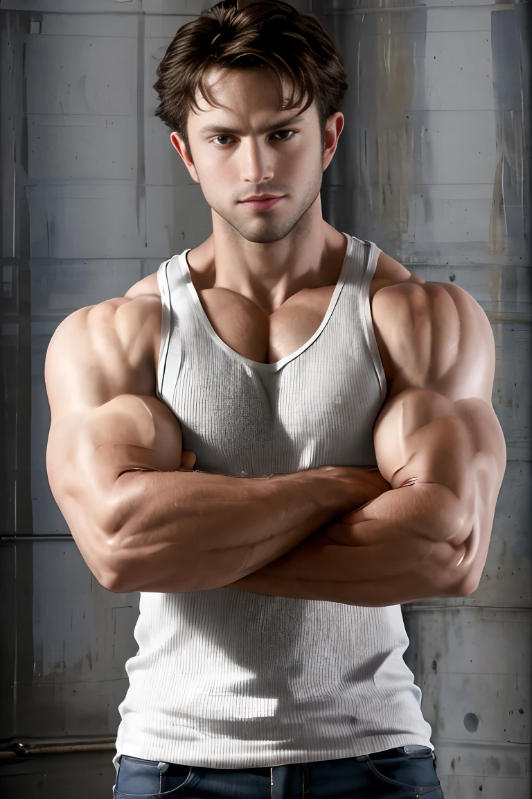 absurdres, highres, <lora:GavinWolfe:0.85>, gavinwolfe, muscular male, tank top, portrait, looking at viewer, simple background, masturbation, smirk, crossed arms