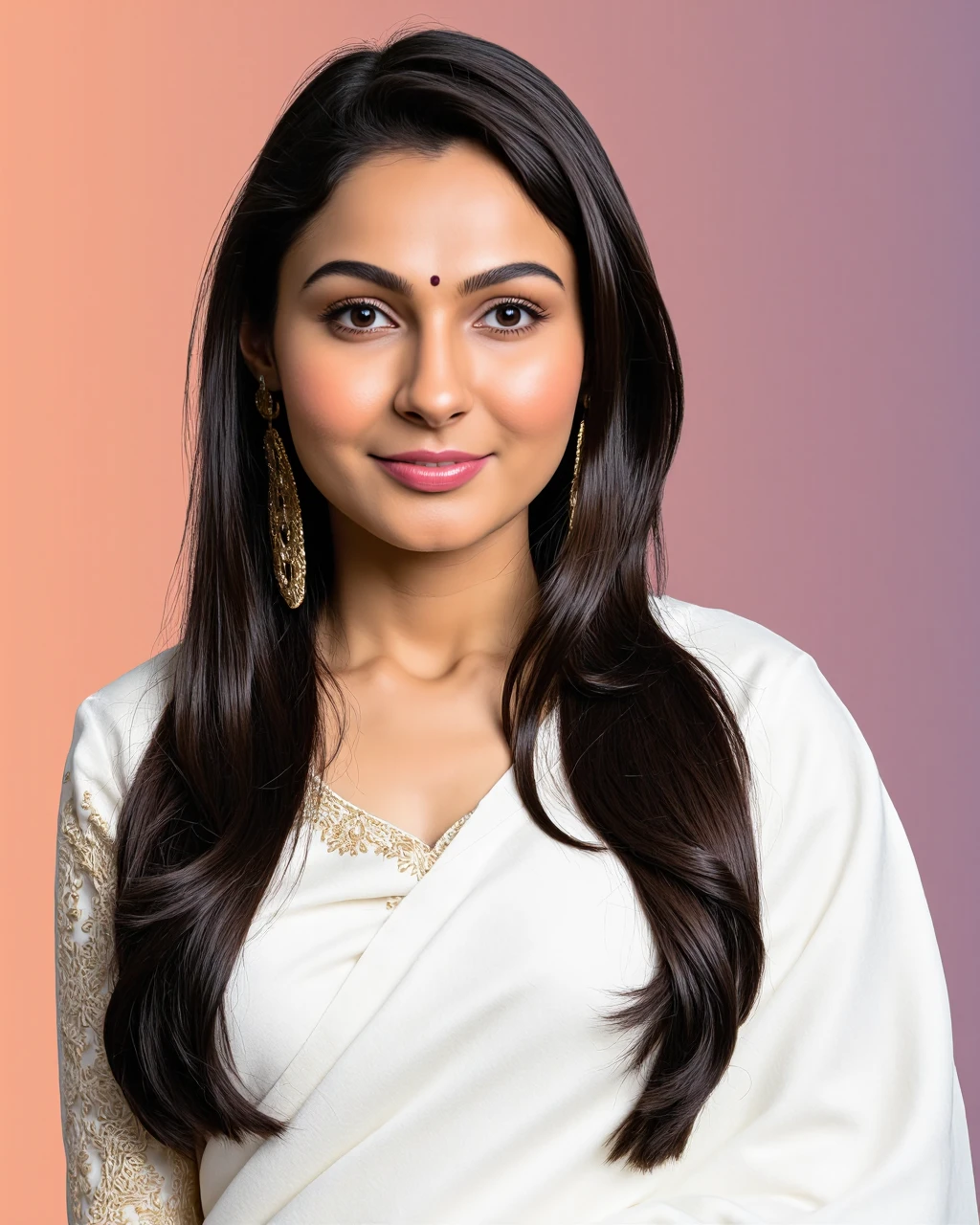 headshot photo of Andrea Jeremiah woman,candid photo with natural colors, grinning expression on face,studio quality, wearing intricate conservative long sleeved White Saree, straight hair, pastel shaded multicolored background, cinematic soft lighting<lora:TestBed\Andrea_Jeremiah_2024_Flux_Kohya_LoRA_v1-step00000200.safetensors:1.0:1.0>