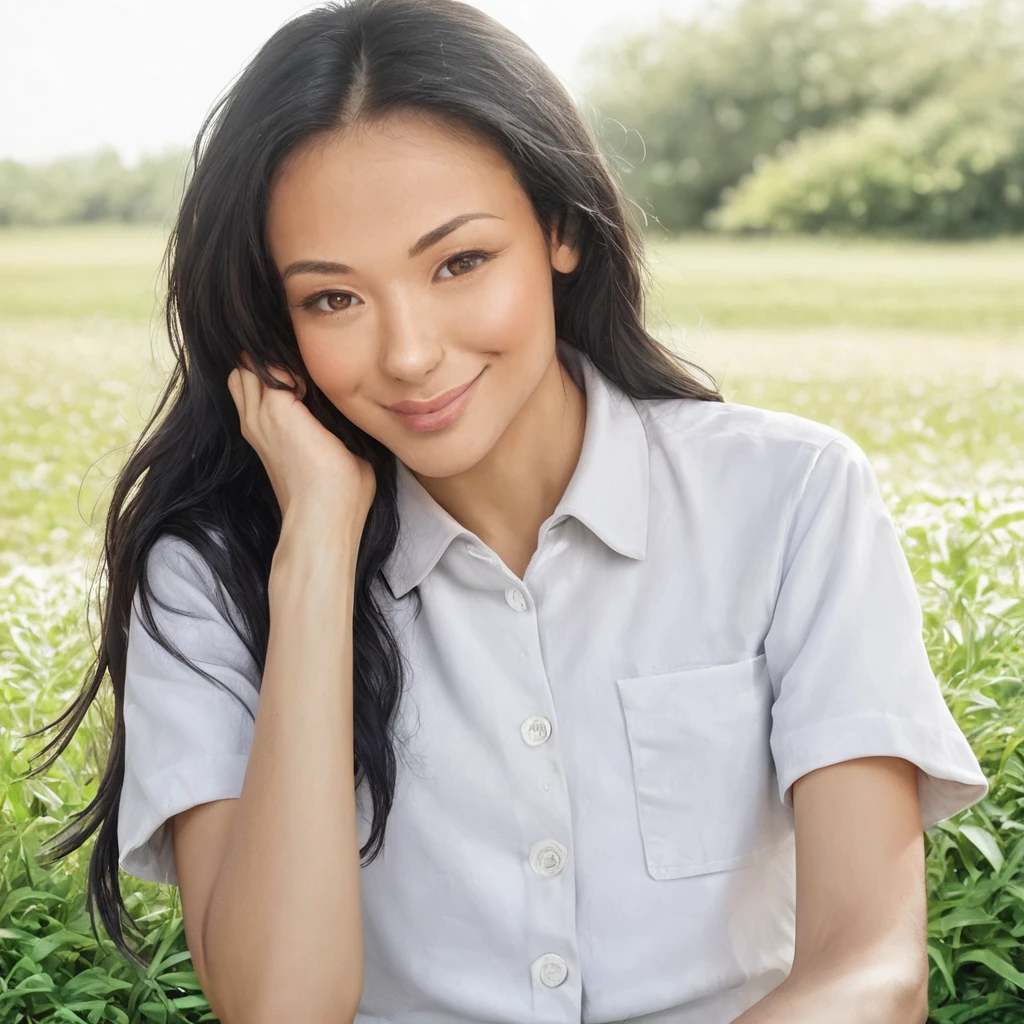 masterpiece, best quality,   <lora:Pony_-_Brenda_Lowe_Survivor_Seasons_21_and_26:1>,br3ndalow3, 1girl, solo, long hair, shirt, smile, black hair, looking at viewer, sitting, realistic, white shirt, short sleeves, lips, brown eyes, collared shirt, buttons, outdoors, upper body