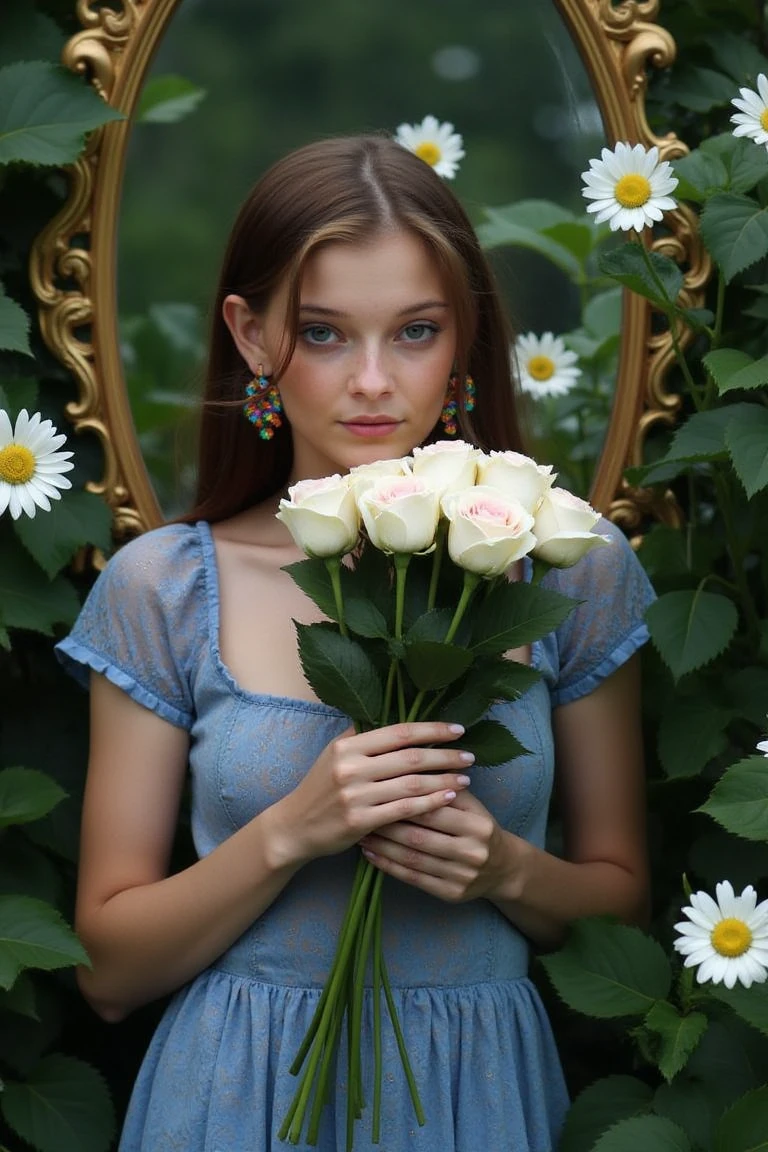 wo4ng3l1n3B a young woman surrounded by an array of lush green leaves and white daisies. She is positioned in the center, with her face partially obscured by a golden, ornate mirror frame. The woman wears a blue dress with intricate patterns and a pair of colorful earrings. She holds a bouquet of white baby pink roses close to her face, and her Expression is seren with soft makeup . The overall ambiance of the image is serene and ethereal, with the woman appearing as a central figure amidst nature's beauty.