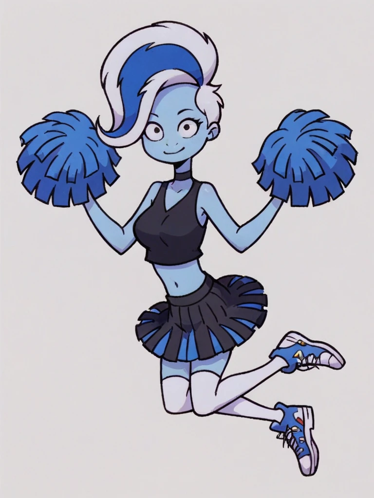 score_9, score_8_up, score_7_up, 
1girl, phantasma phantom, blue skin, white hair, short hair, blue streak, black eyes,

 white background, cheerleader, black shirt, midriff, black skirt, white thighhighs, sneakers, floating, pom poms, choker, medium breasts,
looking at viewer, smile, closed mouth,