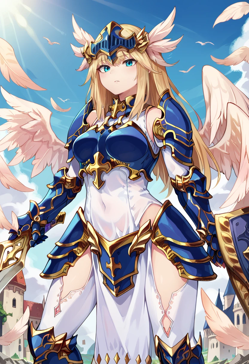 score_9,score_8_up,score_7_up,   <lora:ValkyrieMGE:0.9> ValkyrieMGE, feathered wings, head wings, multiple wings, armor, gauntlets, pelvic curtain, helmet, holding sword, weapon, shield, castle, blue sky, sunlight