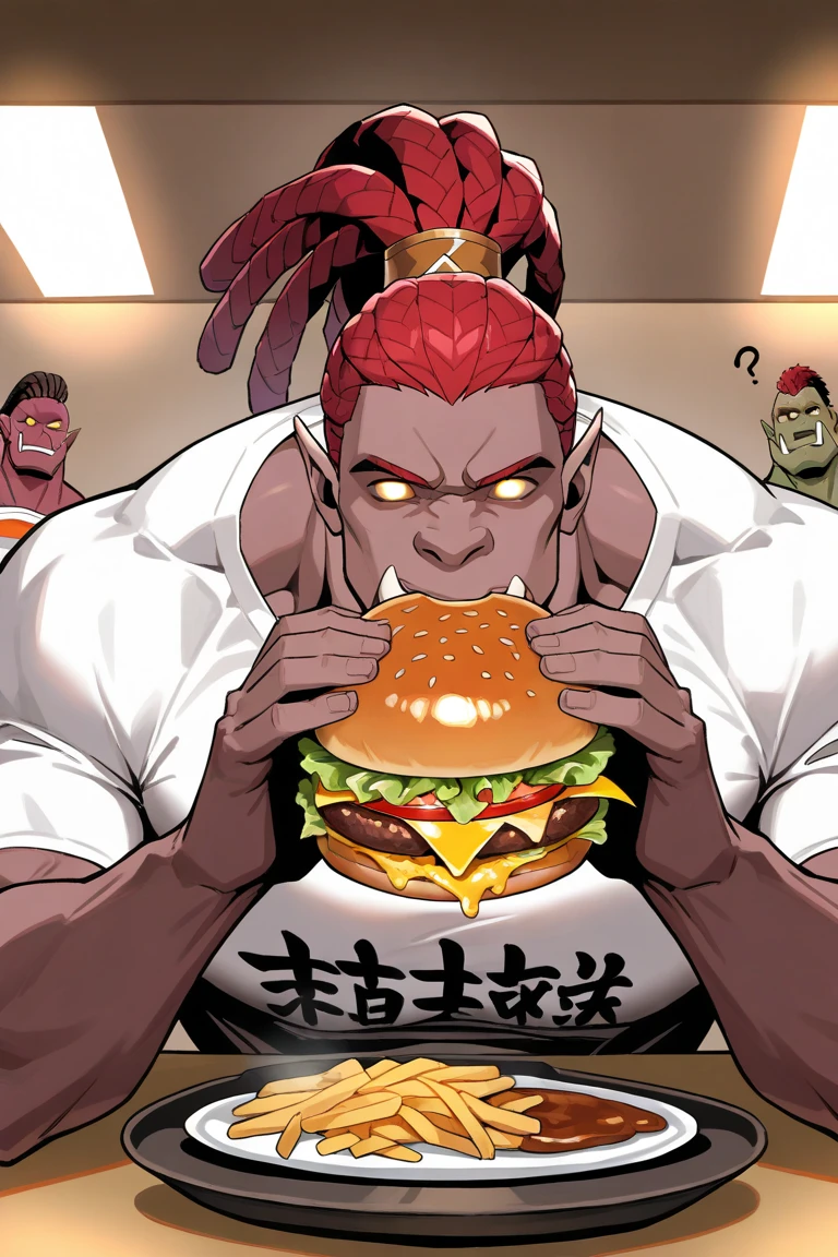 day, natural lighting, question mark, red colored skin-orc focus, eating, holding burger, covered mouth, looking at viewer, smiling, expressive face, BalmondML, yellow_BalmondML_glowing eyes, red-white_BalmondML_multicolored dreadlocks ponytail, shirt, asymmetrical print on shirt, 1orc, indoors restaurant, straight-on, intricately detailed illustration, masterpiece, best quality, amazing quality, very aesthetic, absurdres, newest