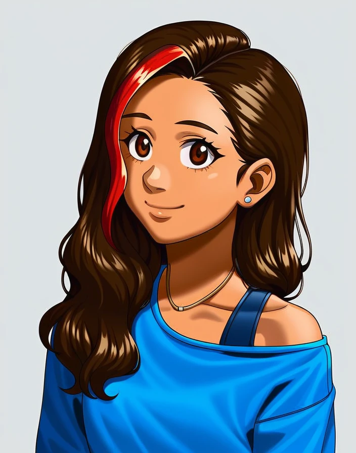 masterpiece,best quality,
 valortiz, 1girl, solo, teen, blue shirt, exposed left shoulder,  1 necklace, long dark brown hair with red streak, headshot, portrait, digital art, brown eyes,  anime, tan skin, 2D