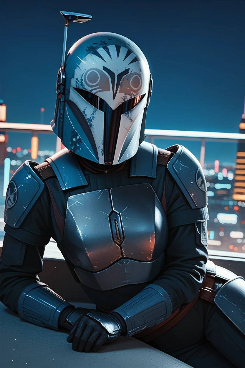 score_9, score_8_up, score_7_up,
<lora:bokatanh:0.8>
bokatanh, helmet, covered face, 1girl, armor, looking at viewer, on side, Chic urban rooftop lounge, dynamic city lights, modern furniture, detailed skyline