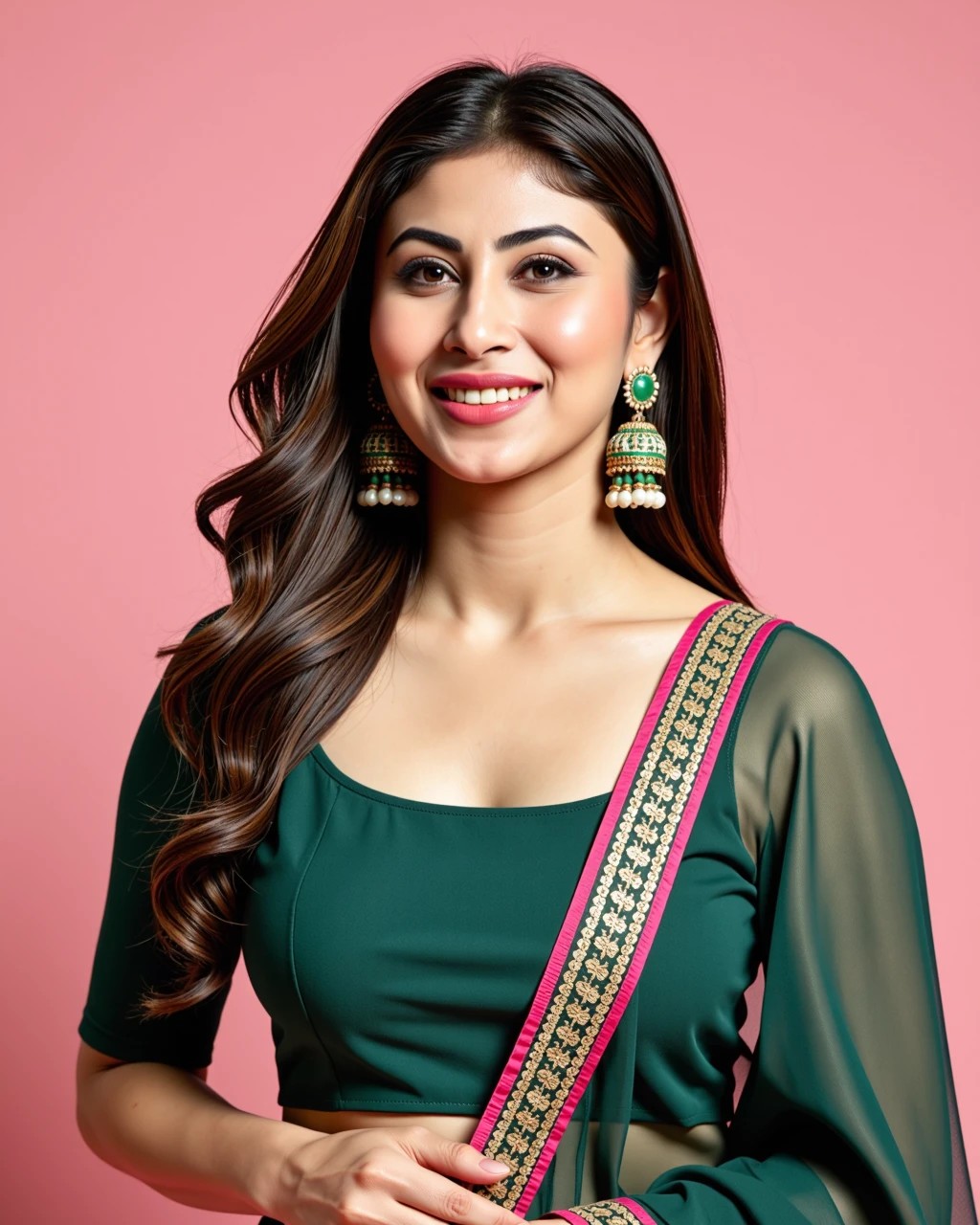 headshot photo of Mouni Roy woman,candid photo with natural colors, laughing expression on face,studio quality, wearing intricate conservative turtleneck Forest Green Salwar Kameez, curls, pastel shaded multicolored background, cinematic soft lighting<lora:TestBed\Mouni_Roy_2024_Flux_Kohya_LoRA_v1-000017.safetensors:1.0:1.0>