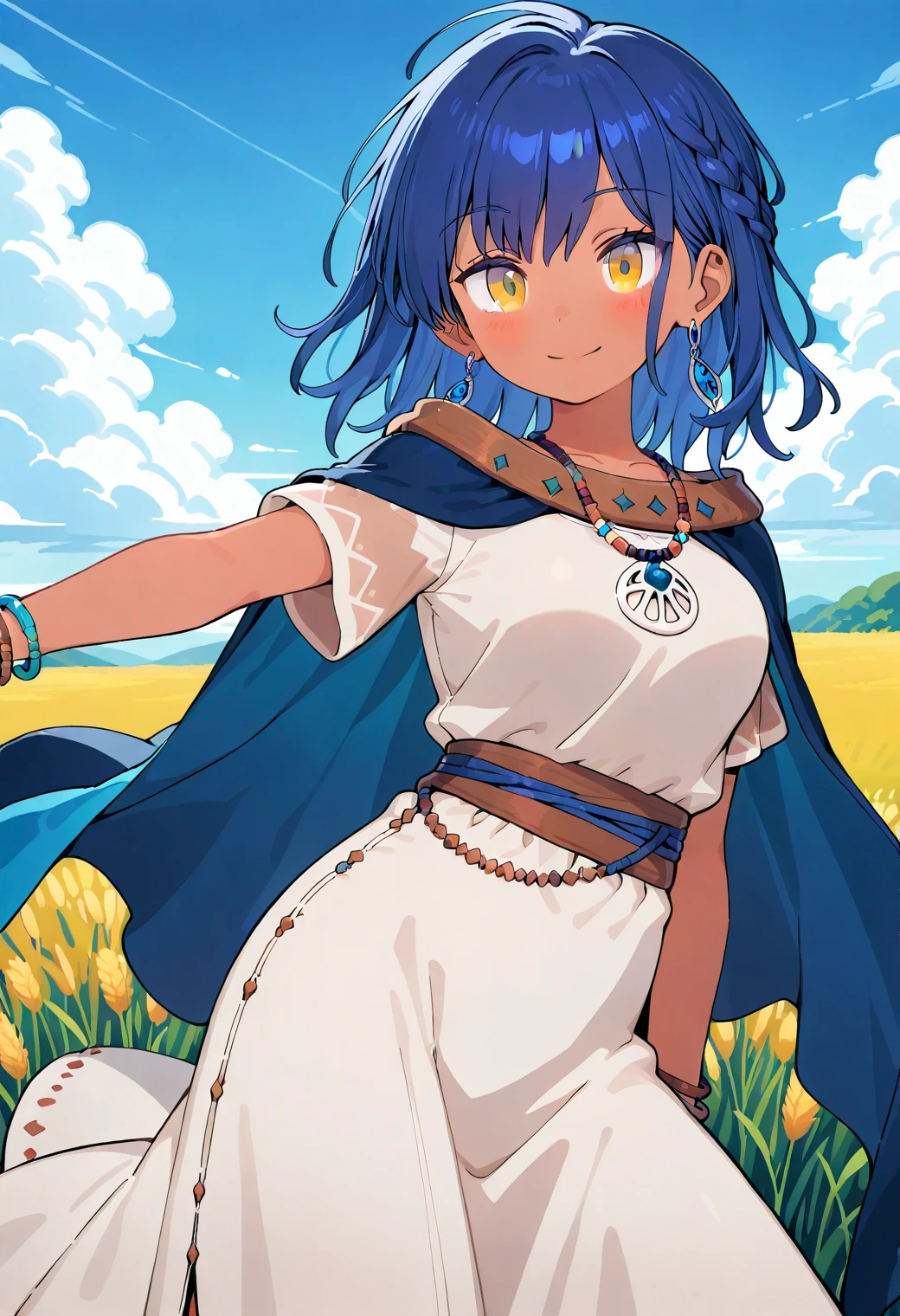 lillu, dark-skinned female, dark skin, yellow eyes, blue hair, medium hair, braid, bangs, earrings, necklace, bracelet, cape, long dress, white dress, short sleeves, <lora:Lillu_illustrious_ver1:0.8>
smile, 
1girl, solo, (field:1.2), (blue sky:1.2), looking at viewer,, masterpiece, best quality, general,, (cowboy shot, dynamic pose:1.4),