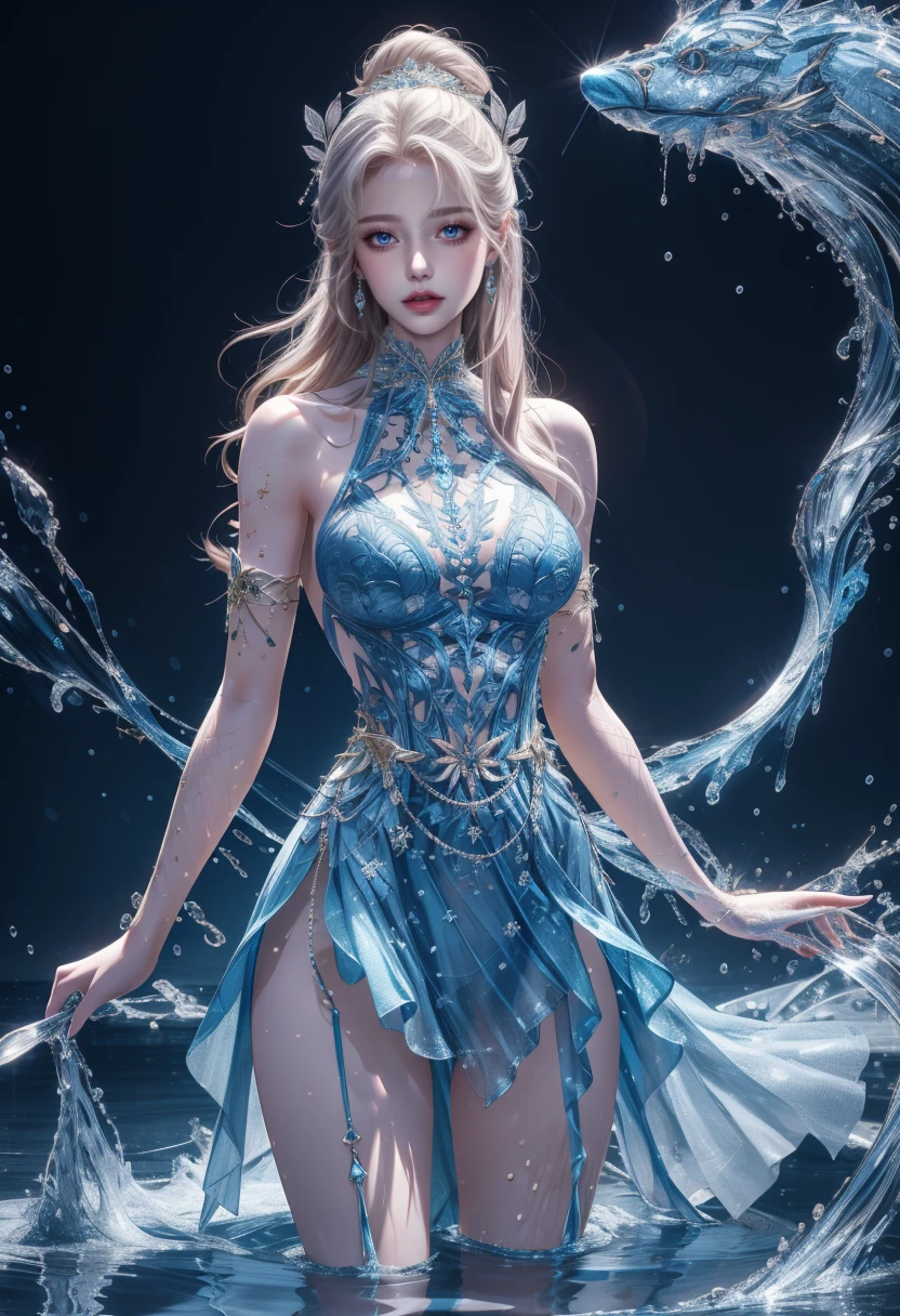 1girl, masterpiece, best-quality, absurdres, (extremely-detailed-CG:1.2), ultra-realistic-lighting, ultra-detailed, intricate-details, Highres, 8K, solo, alone, white_hair, very_long_hair, blue-dress, bare-shoulders, small-breasts, innocent-looking, hair-ornament, white-background, blue-eyes, white-skin, pale-skin, goddess,  <lora:20240324-1711284521625:0.3>, blue-theme, water, water-particles,  <lora:LAstargalaxydress10-constant64:0.8>, thighs-up-shot, thighs-up