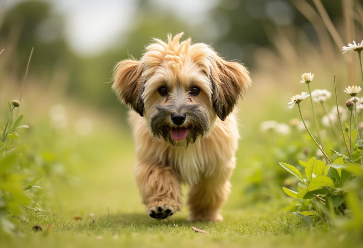 a havanese dog, running to the camera through a meadow with flowers, low angle, bokeh