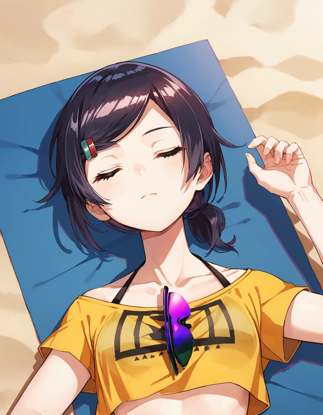 score_9, score_8_up, score_7_up, score_6_up, girl lying on a beach with closed eyes, source_anime, 1girl, masterpiece, best quality, cinematic lighting, upper body, medium shot, mgrcnatsuryouko, black hair, eyes closed, ponytail, red swimsuit, yellow top, red with green hairpin, purple sunglasses on collar, outdoors, beach, day, lying, view from above, sleeping, <lora:mgrcnatsuryouko_XL:1>