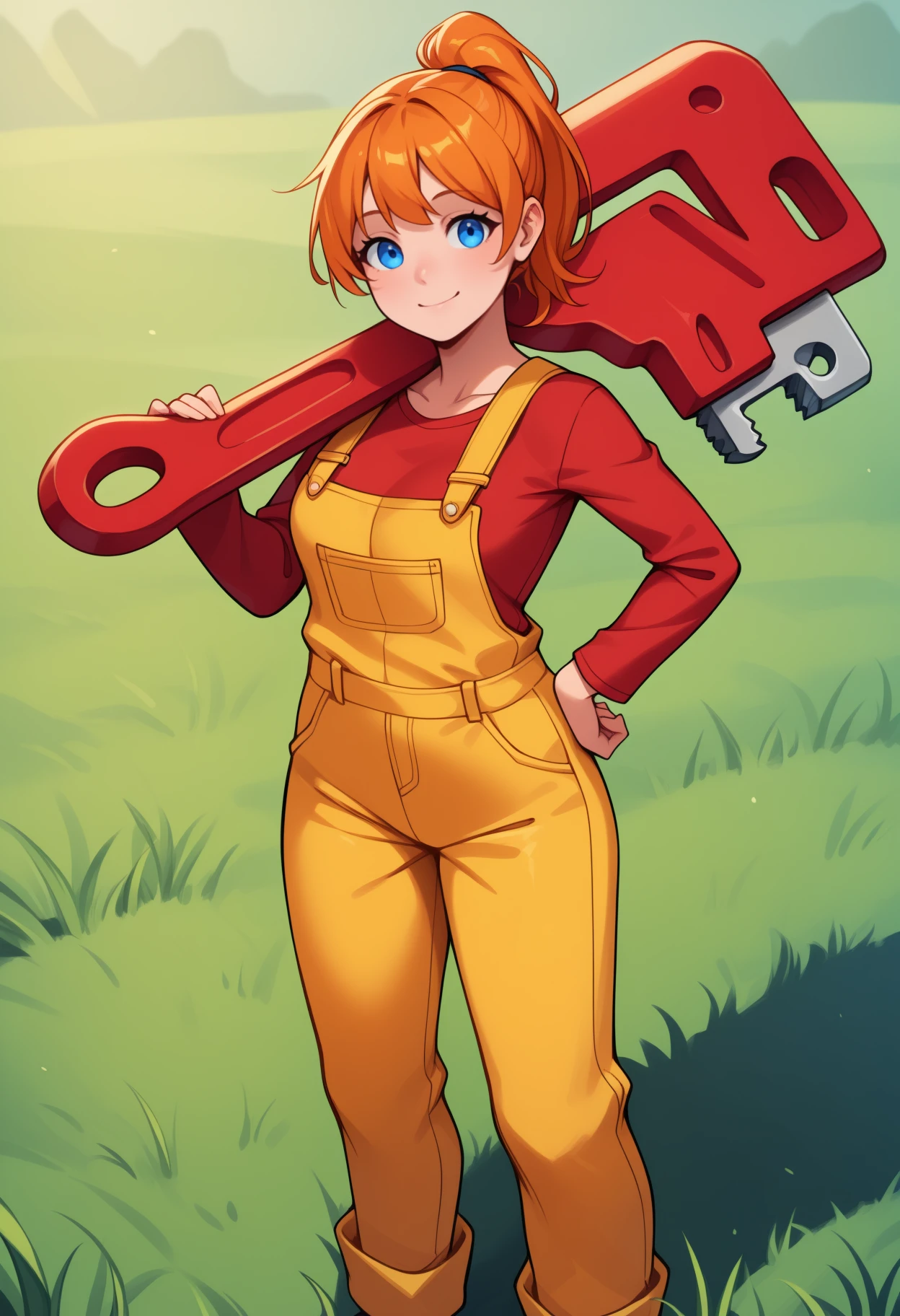 masterpiece, best quality, <break> solo, 1girl, m3chanic, smile, looking at viewer, standing, holding wrench, oversized object, over shoulder, hand on own hip, long hair, orange hair, ponytail, blue eyes, red shirt, long sleeves, overalls, outdoors, grass
<segment:yolo-Anzhc Face seg 640 v2 y8n.pt,0.4,0.5//cid=1>