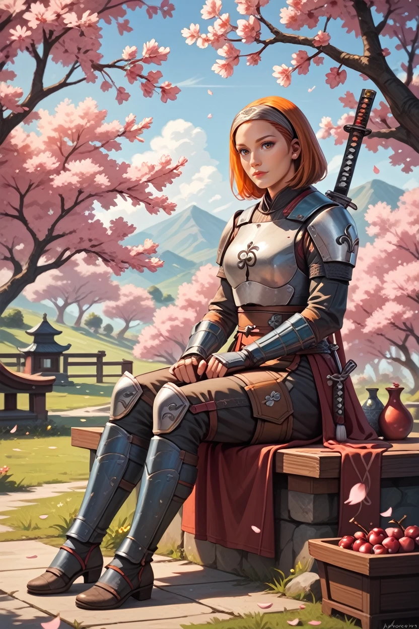 score_9, score_8_up, score_7_up, score_6_up
<lora:bokatannh:0.8>
bokatannh, 1girl, orange hair, hairband, brown eyes, armor, Golden Hour in a Cherry Blossom Orchard, sitting, full body