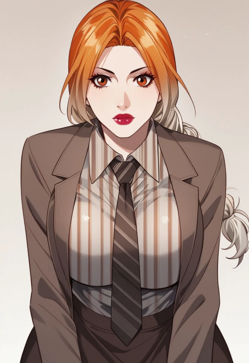 score_9, score_8_up, score_7_up, BREAK, AnMenglan, gradient hair, orange hair, white hair, orange eyes, large breasts, red lips, makeup, AnIncognito, long hair, braided ponytail, single braid, striped shirt, collared shirt, grey shirt, black necktie, brown jacket, brown skirt, 1girl, solo,