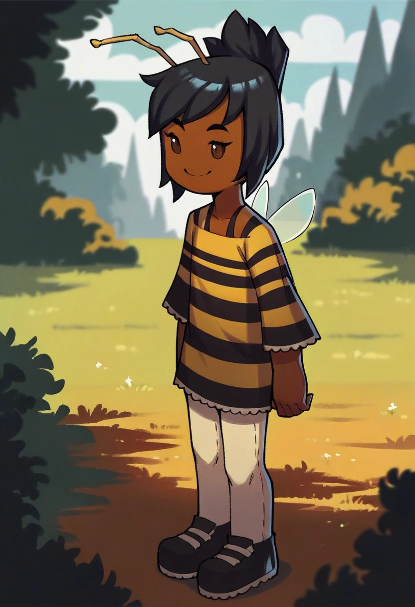 score_9_up, score_8_up, score_7_up, score_6_up, 1girl, solo, roxie_R_Mysims, dark-skinned female, antennae, striped shirt, leggings, shoes, black hair, brown eyes, insect wings, (standing outside), smile, (painted art), adult