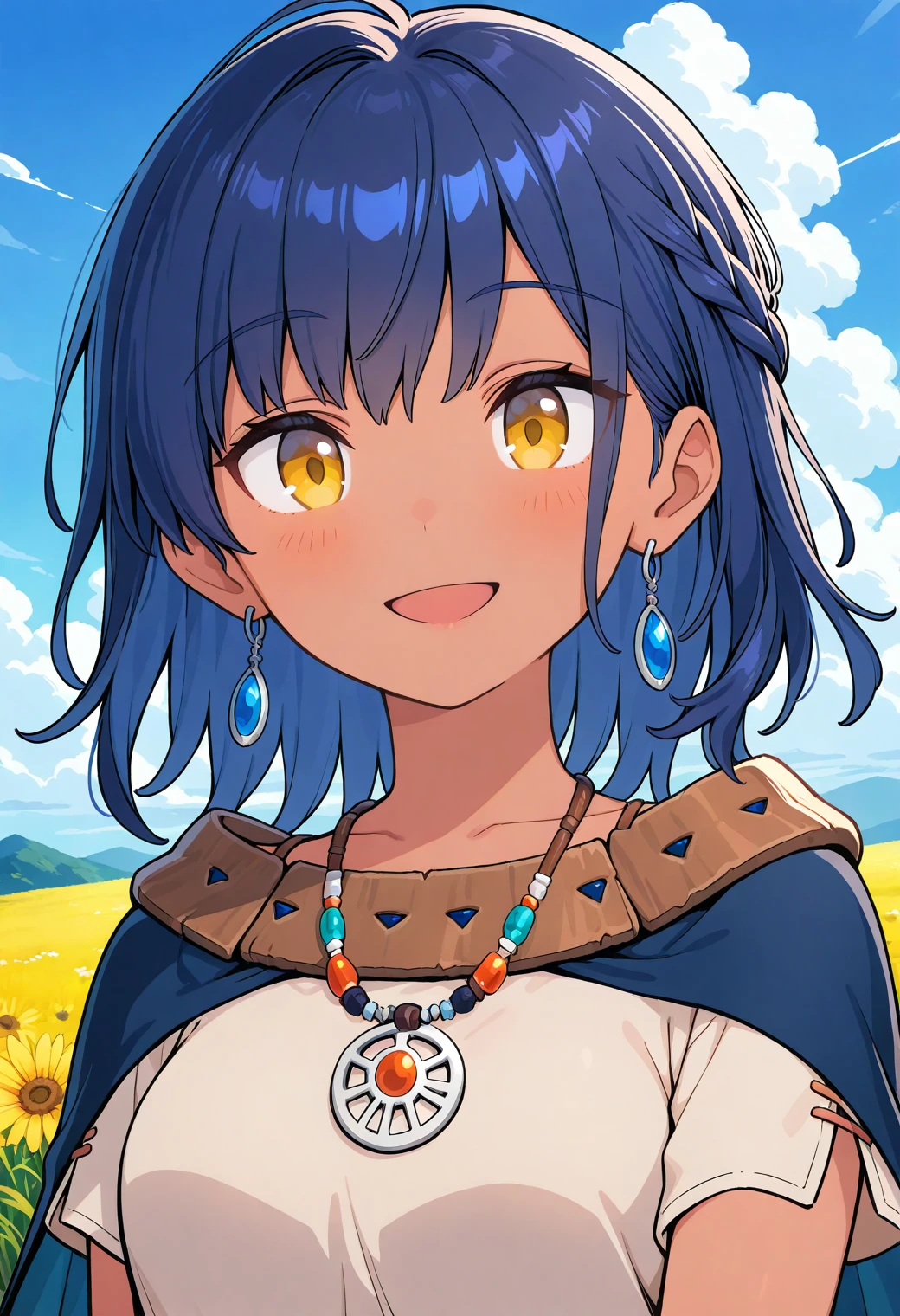 lillu, dark-skinned female, dark skin, yellow eyes, blue hair, medium hair, braid, bangs, earrings, necklace, bracelet, cape, white dress, short sleeves, <lora:Lillu_illustrious_ver1:0.8>
smile, 
1girl, solo, (field:1.2), (blue sky:1.2), looking at viewer,, masterpiece, best quality, general,, (upper body:1.2), (close-up:1.2), (facing viewer:1.2), (open eyes:1.4), (portrait:1.2)