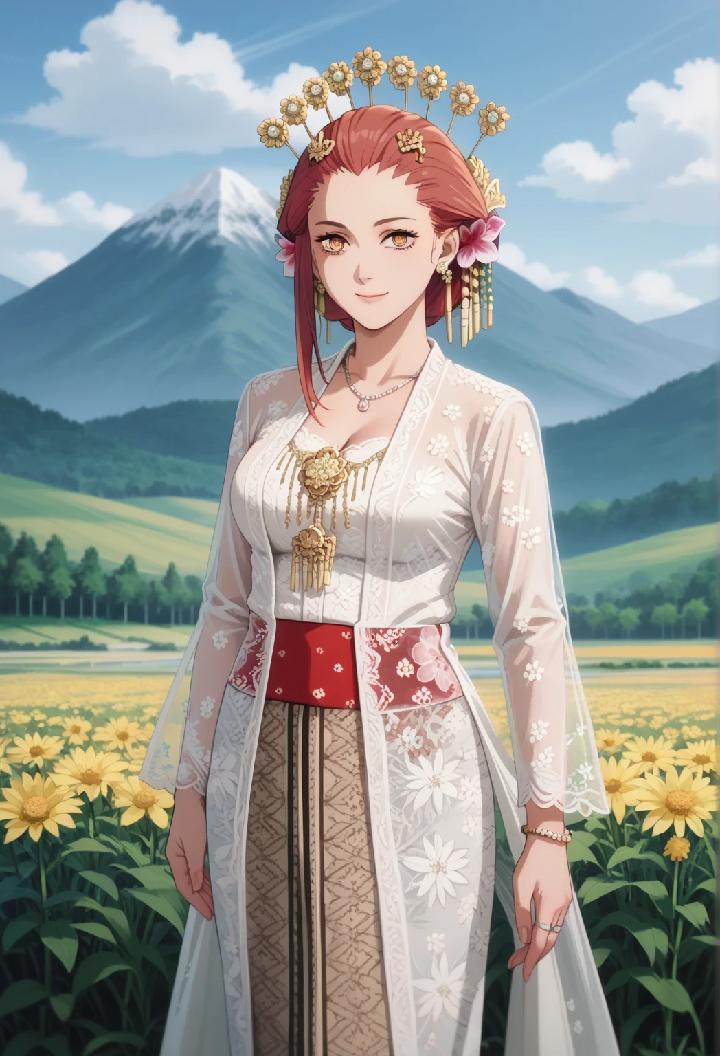 score_9, score_8_up, score_7_up, masterpiece, best quality, source_anime, anime screencrap, BREAK 1girl, makima, mak1ma0, red hair, long hair, large breasts, ringed eyes, solo, kebaya wedding dress, (crown), looking at viewer, flower, smile, hair ornament, standing, see-trough, skirt,  white dress, outdoor, ricefield, mountain, cowboy shot, necklace, bracelet, closed mouth, ring, bald forehead