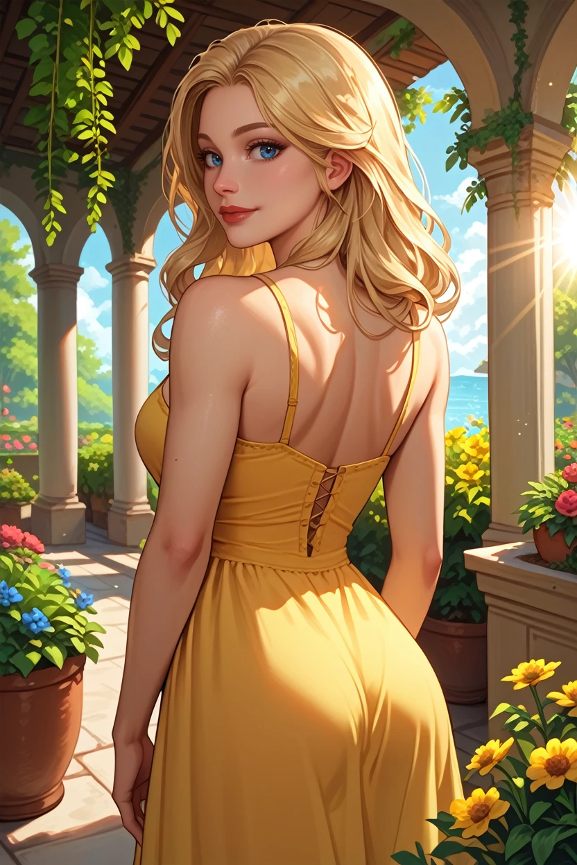 score_9, score_8_up, score_7_up,
<lora:I2BC:0.8>
I2BC, 1girl, blonde hair, long hair, blue eyes, looking at viewer, yellow sundress, garden, from behind, looking back, happy, sun, sun rays