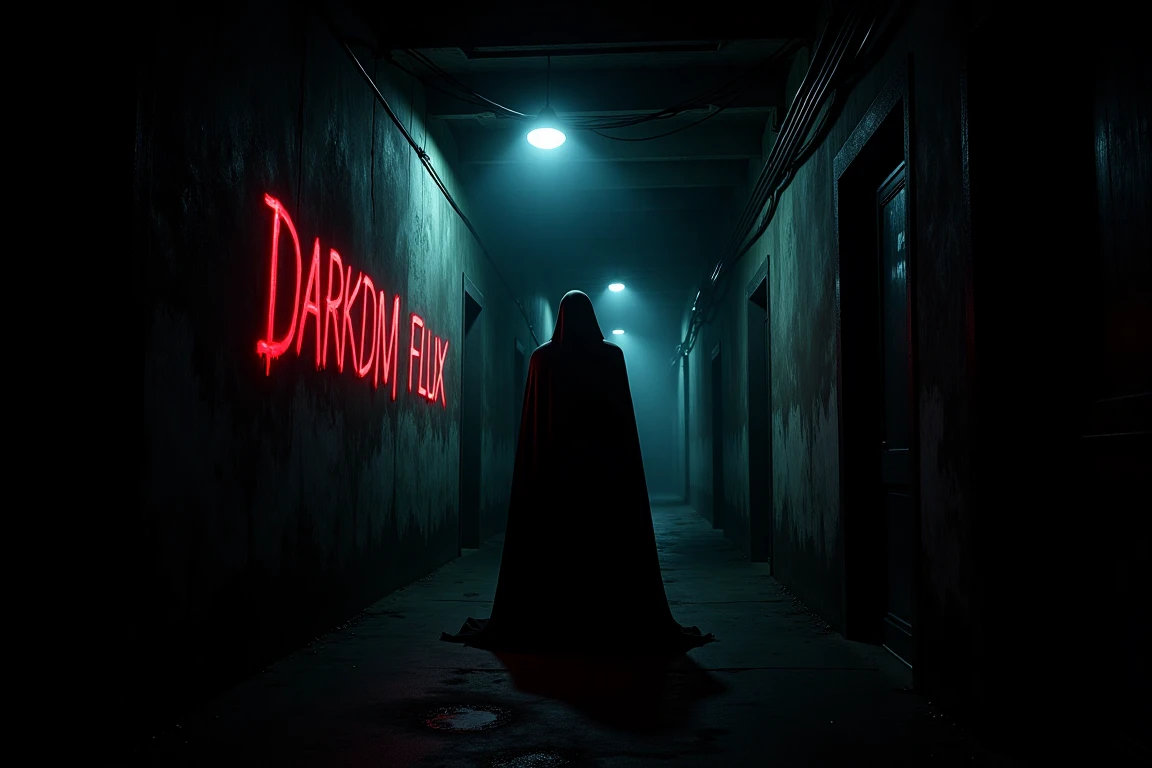 In a dimly lit alleyway, where flickering streetlights cast long shadows, a mysterious figure, DARKDJM [FLUX], appears like a specter. The text on the wall, written in blood, seems to pulse with an eerie glow, as if infused with an otherworldly energy.