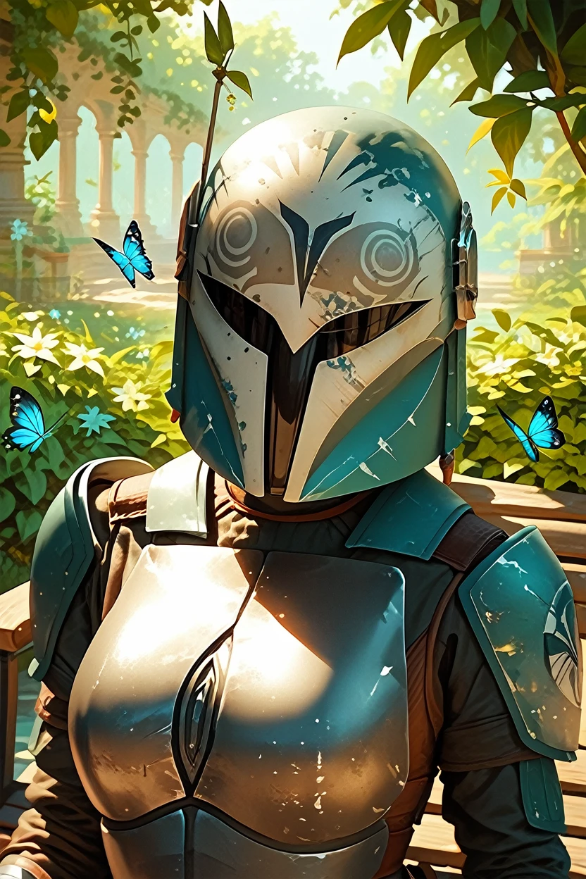 score_9, score_8_up, score_7_up,
<lora:bokatanh:0.8>
bokatanh, helmet, covered face, 1girl, armor, looking at viewer, Resting on a lush garden bench, she holds a delicate butterfly, her presence a harmonious part of the scene