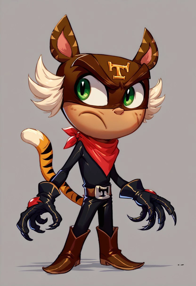 score_9, score_8_up, score_7_up, CuteCartoonStyle, 1boy, solo, male focus, El_Tigre, Mask, Green Eyes, white sideburns, Freckles, Cat Ears, Black Bodysuit, belt buckle, brown boots, Red Bandana around neck, black Gloves, tail, claws