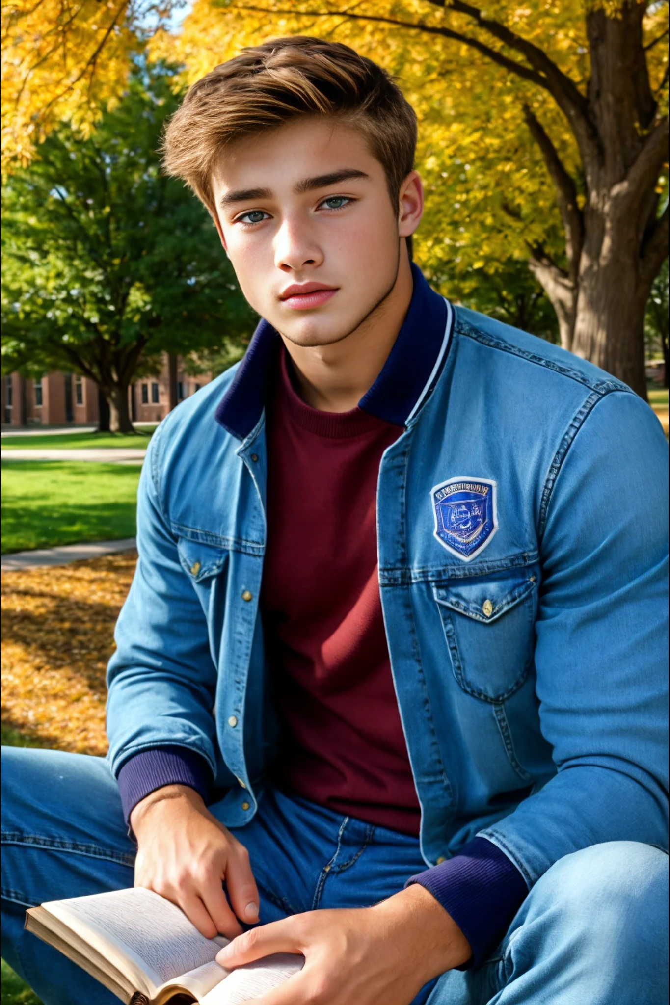 <lora:Sean_OBrien_GV:1>  1boy, young man, 21 years old, light brown hair, bright green eyes, Masterpiece, photo-realistic, Crystal clear, highly detailed, college man, professor, wearing a varsity jacket and blue jeans, sitting under a tree on a college campus, reading a book and studying.