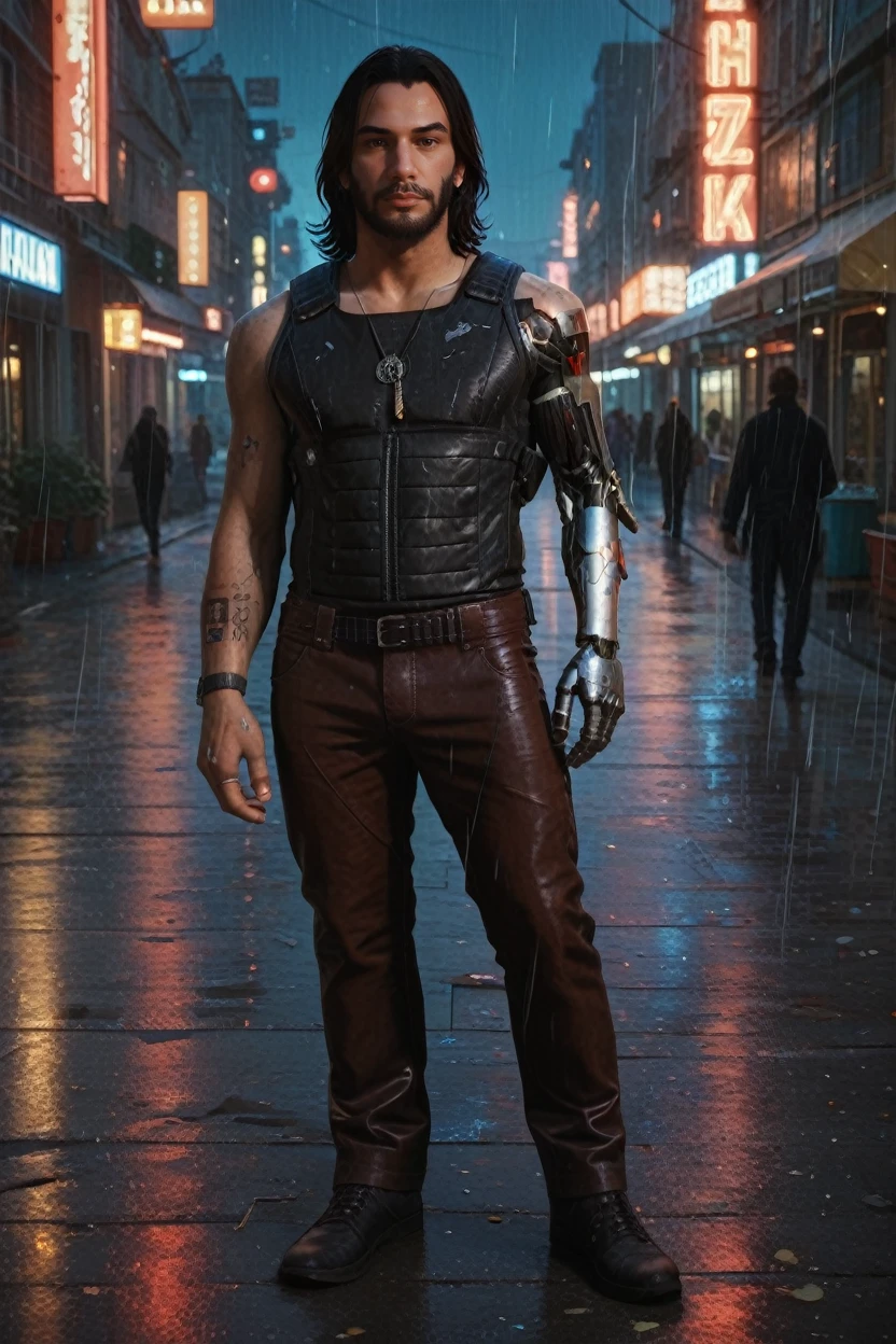 score_9, score_8_up, score_7_up,
<lora:CPJohnny:0.8>
CPJohnny, 1boy, black hair, brown eyes, beard, single mechanical arm, looking at viewer, standing in the rain on a neon-lit city street at night, full body